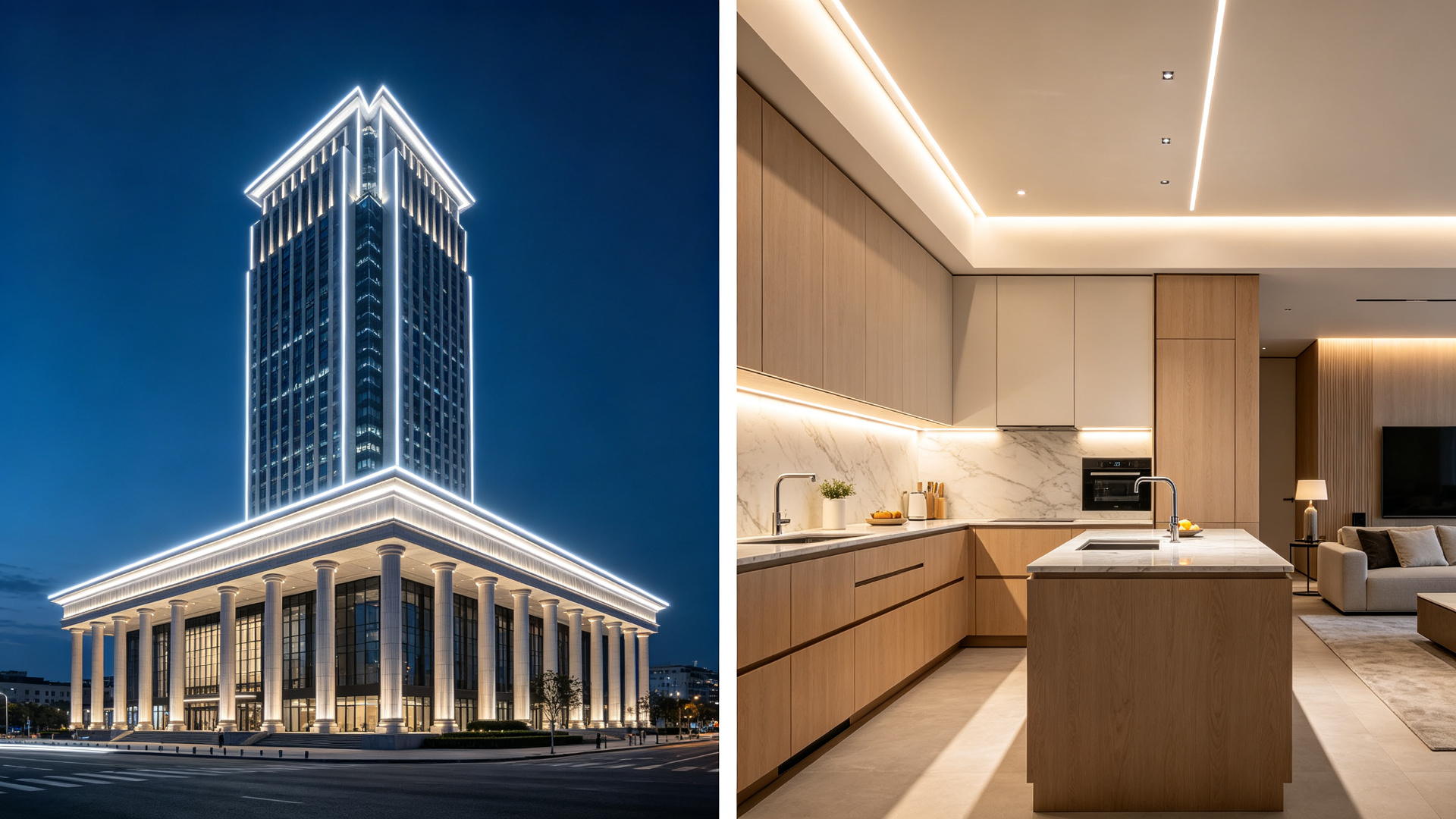 Split scene showing high voltage LED outline on a commercial high-rise at night and warm 24V COB lighting in a modern residential kitchen