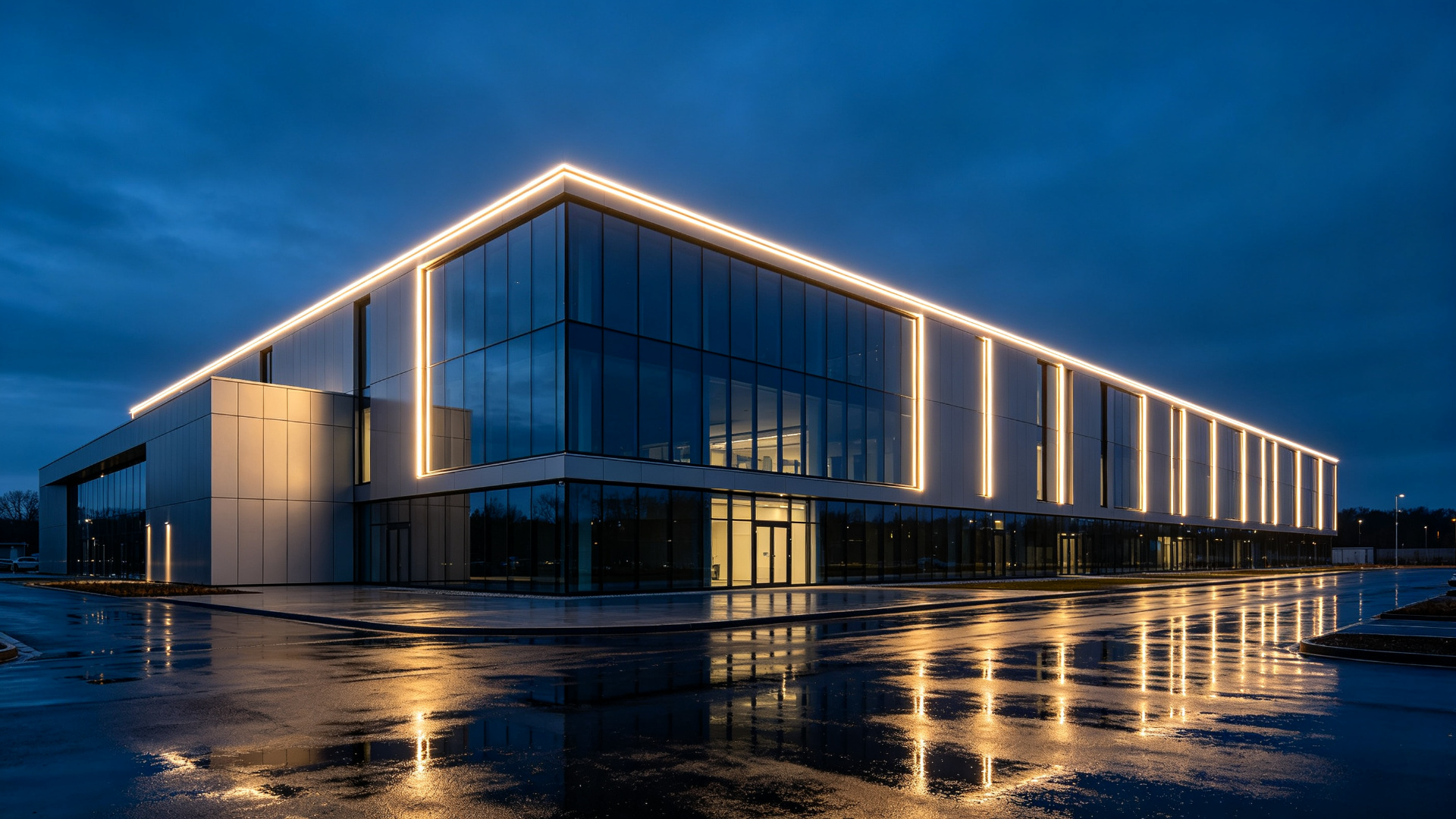 Modern commercial building facade at dusk outlined by a continuous high-voltage LED strip with even brightness over a 100 meter run