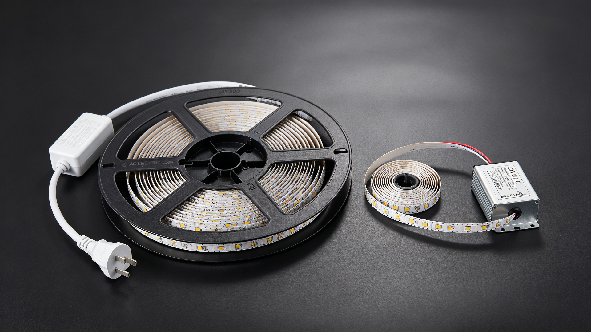 High voltage AC LED strip reel with integrated rectifier power lead beside a low voltage 24V DC strip reel and external driver