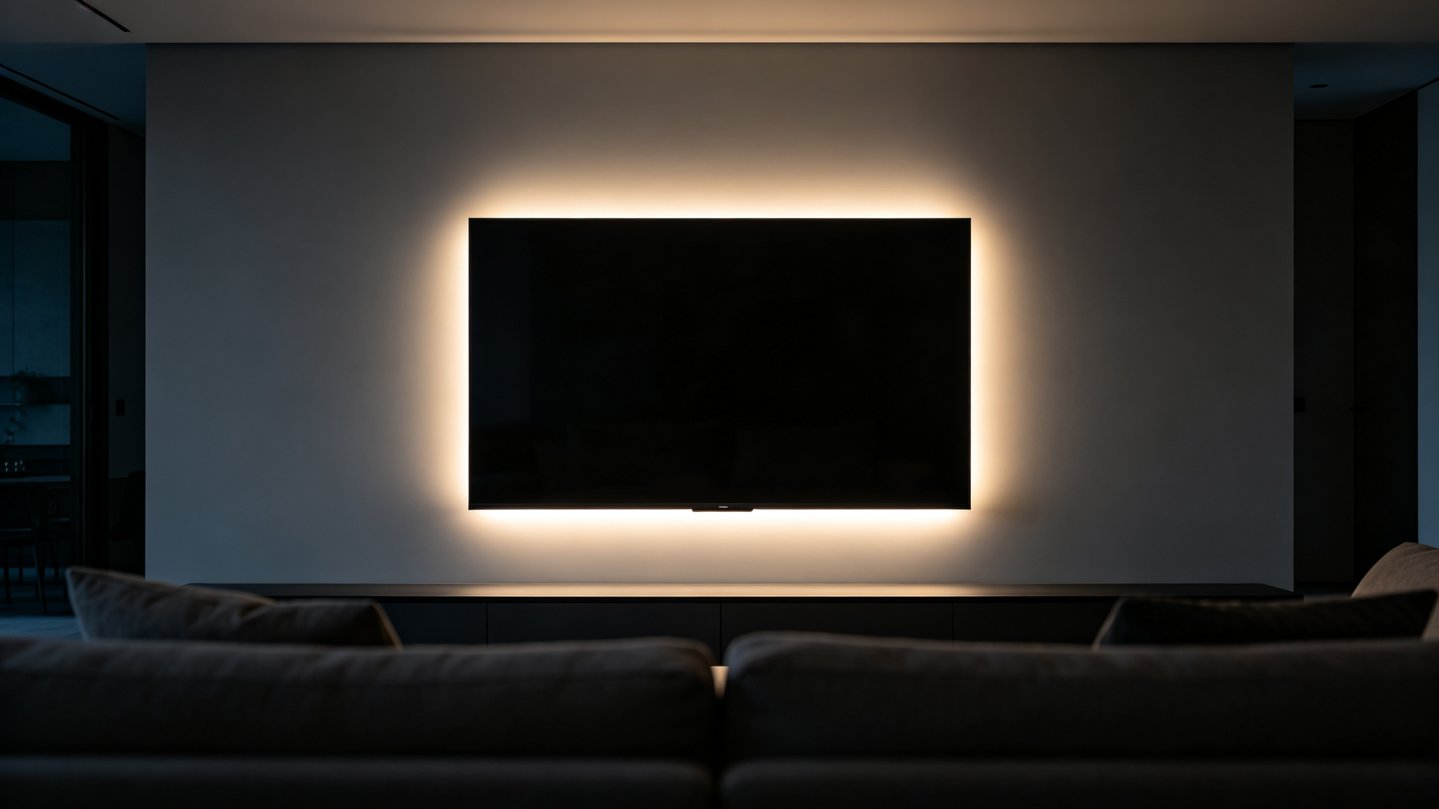 Wall-mounted TV with warm bias LED strip glowing evenly on a neutral gray wall at night