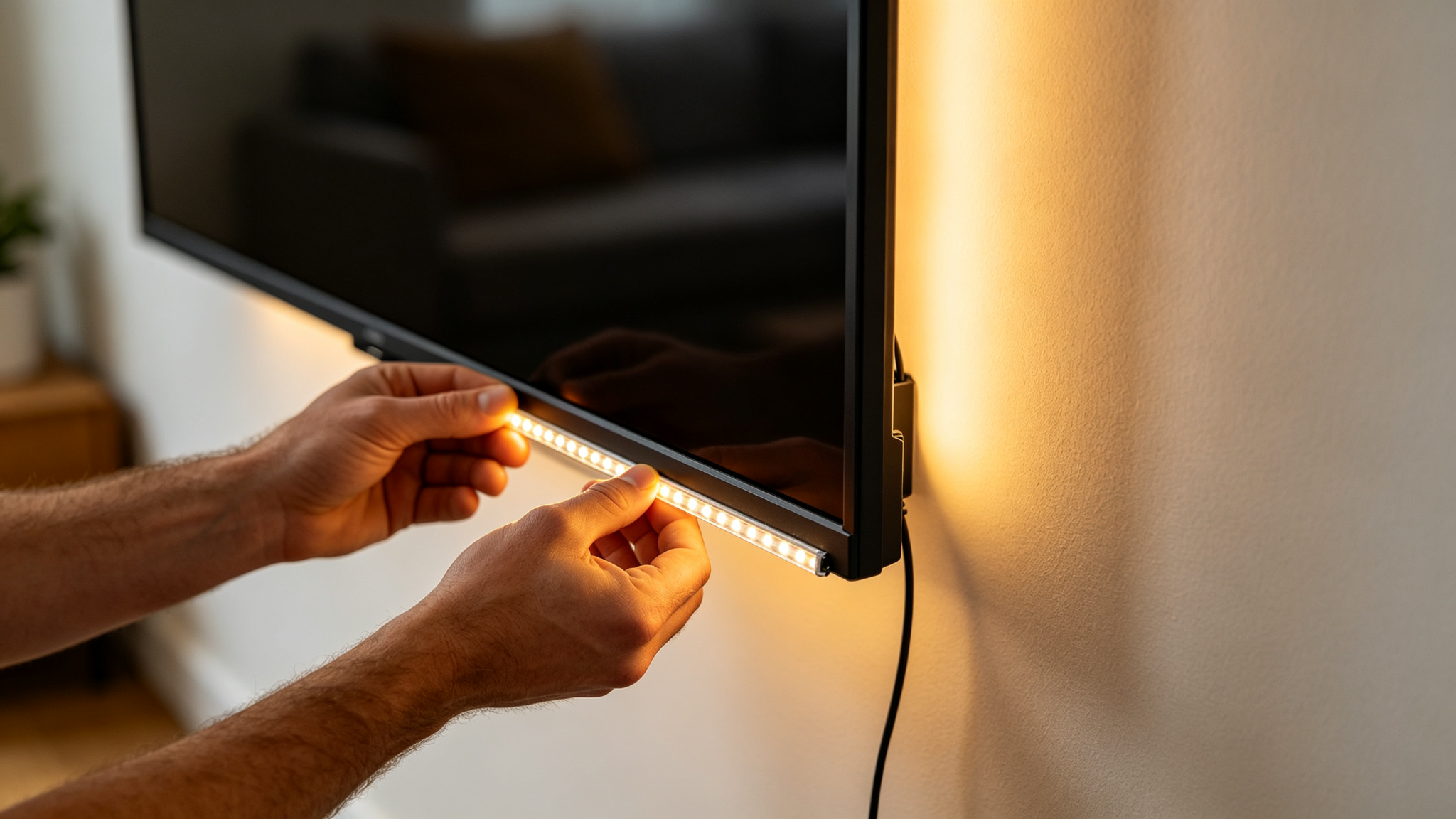 Hands applying a slim LED strip to the back edge of a wall-mounted TV