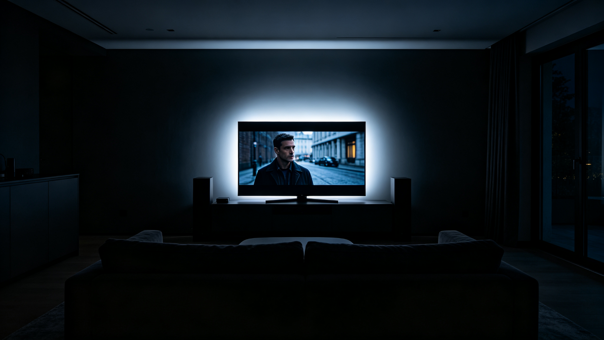 Dark home theater with even bias halo behind the playing TV