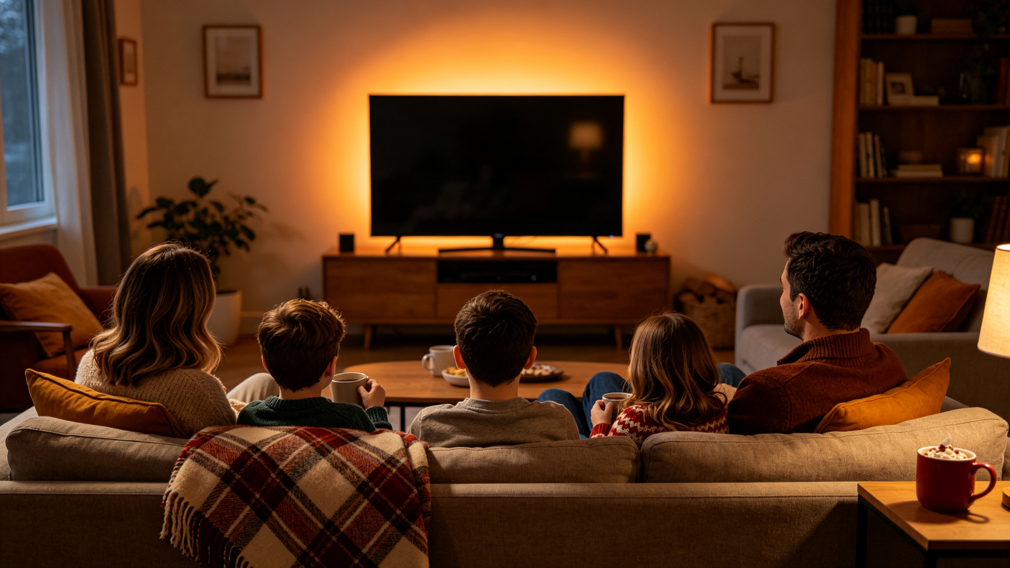 Family movie night with warm amber bias lighting behind the TV