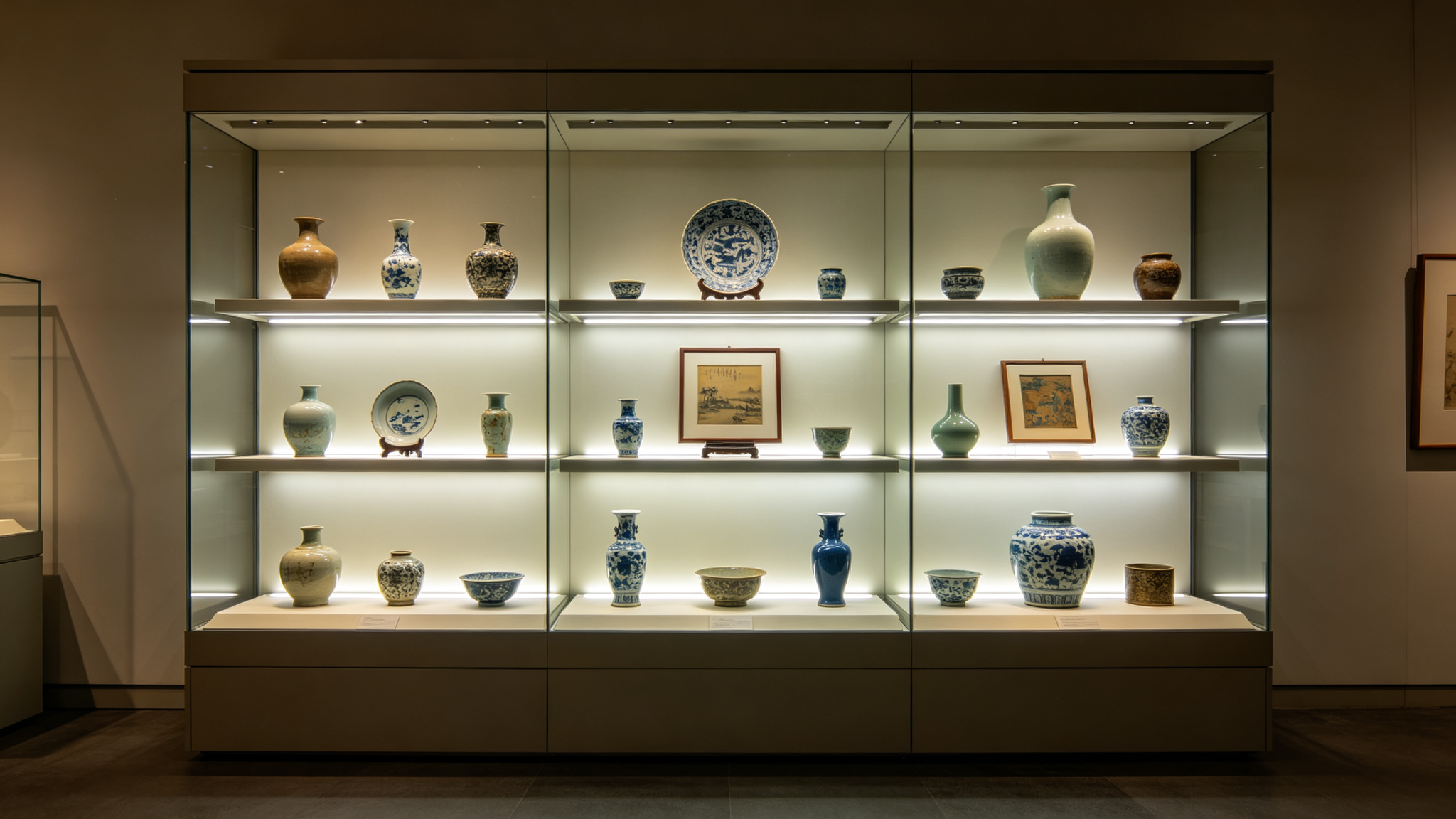 Museum glass display cabinet with LED strips under each shelf