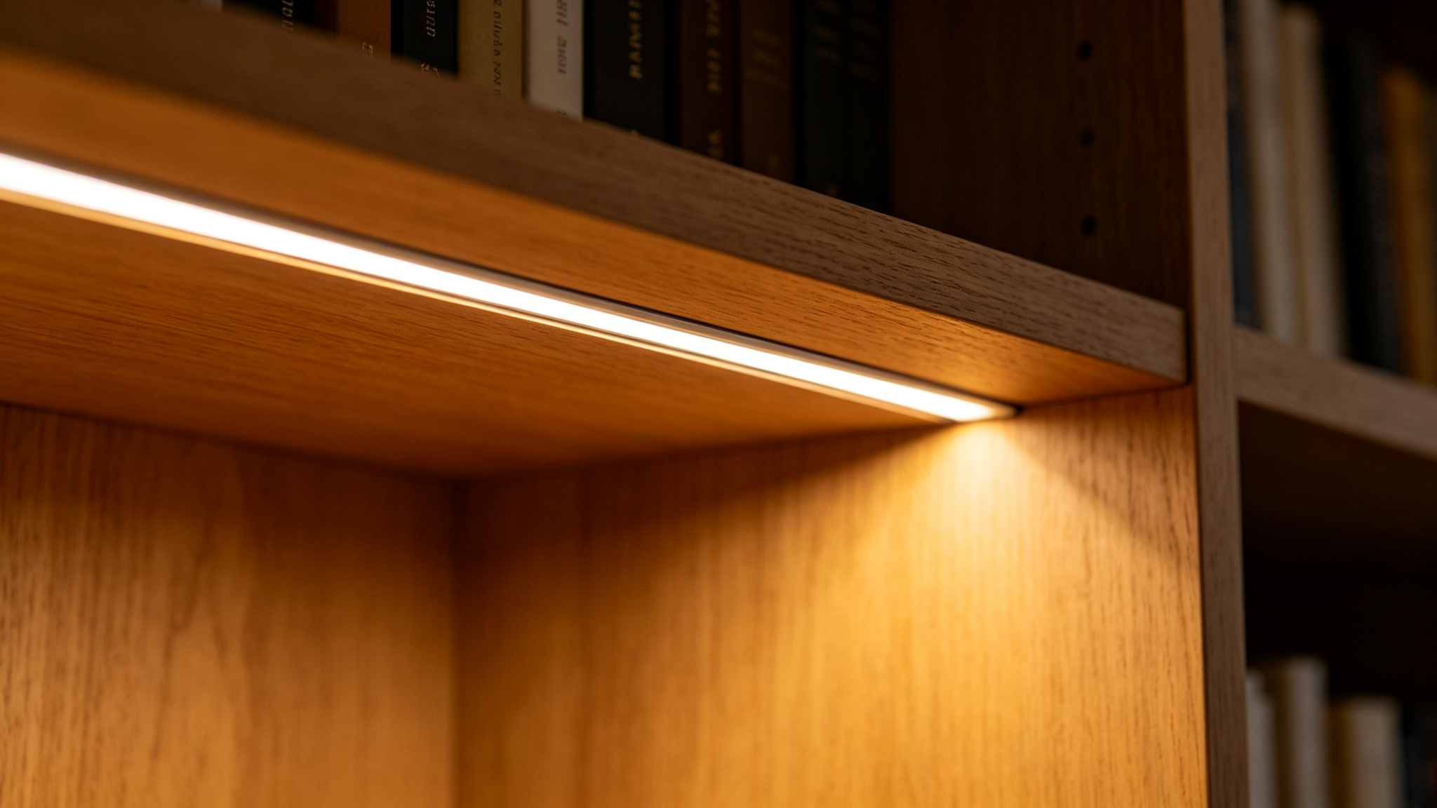 Close-up of slim LED strip recessed under a wooden shelf lip