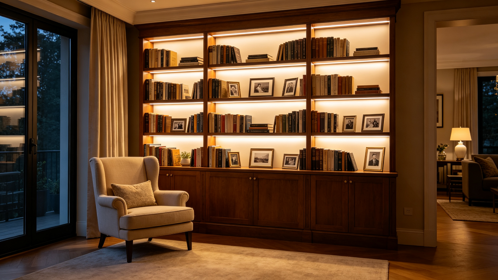 Living room bookshelf with reading armchair and warm outlined shelves