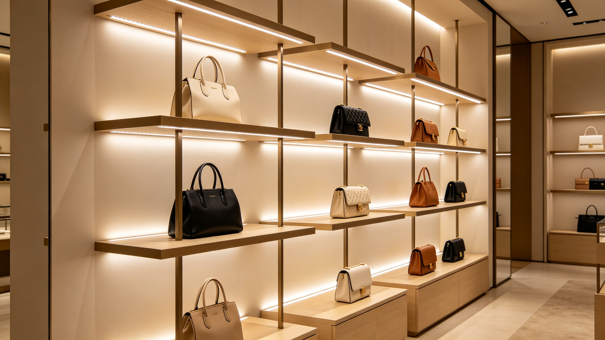 Boutique retail display shelving lit by strips under each shelf