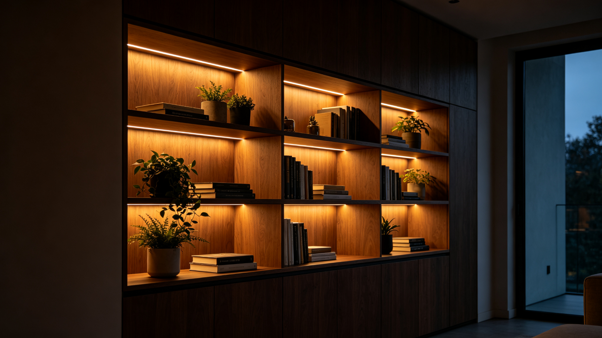 Dark walnut shelving at night with warm layered shelf glow