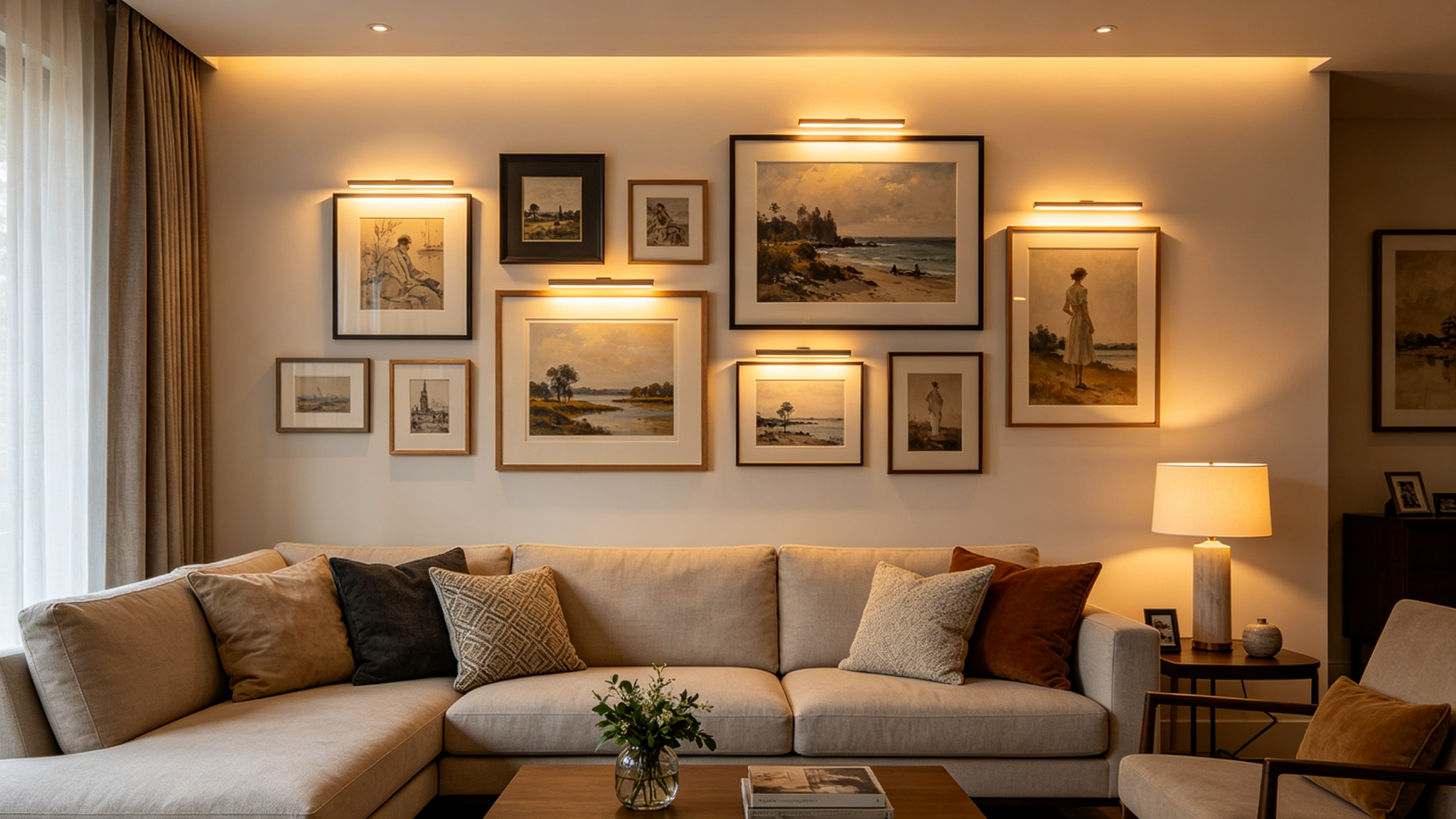Gallery wall of framed artworks each with small warm LED picture lights