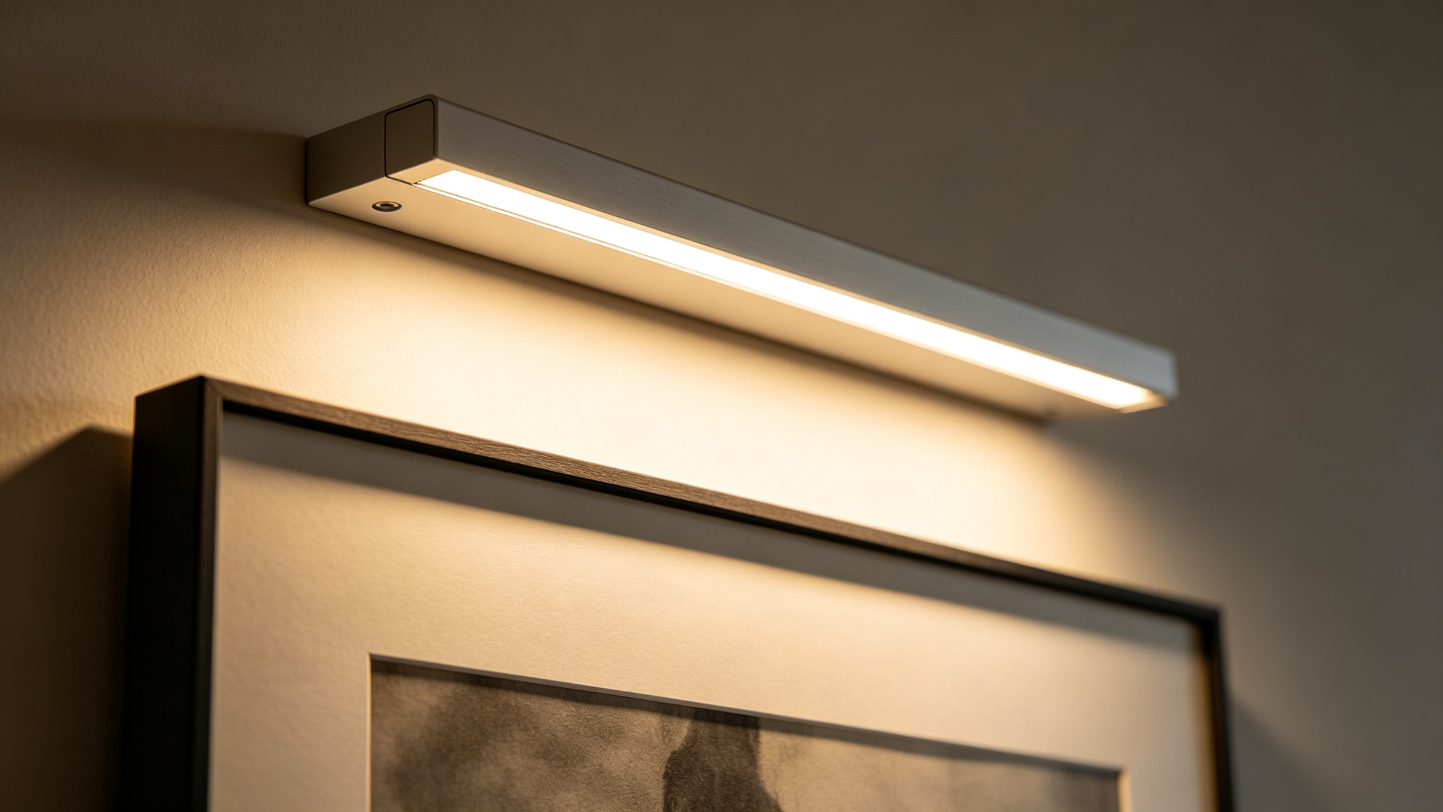 Close-up of slim aluminum LED picture light above a framed print