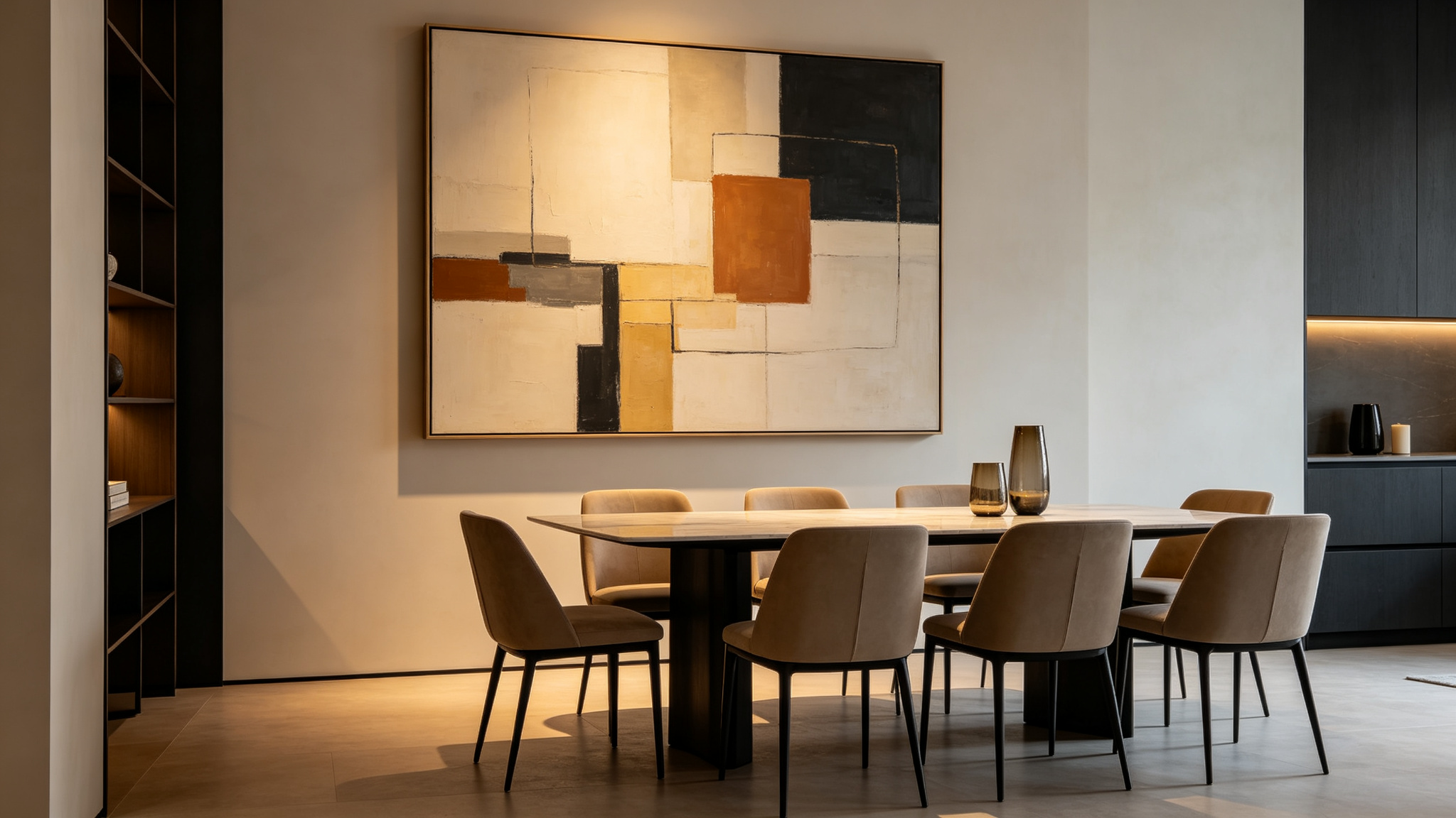 Dining room with large abstract painting under accurate warm light