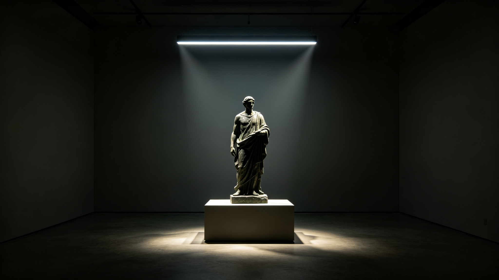Sculpture on a plinth lit dramatically from above by a linear LED strip