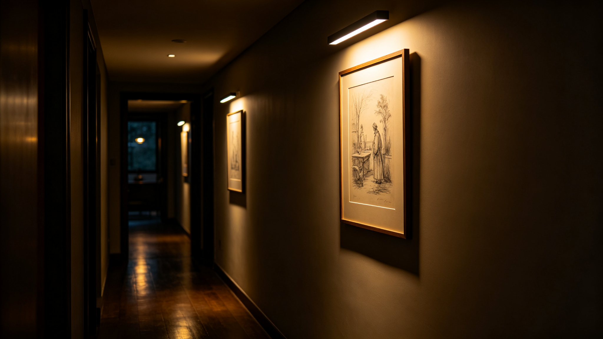 Moody hallway with framed etchings lit by low-glare warm picture lights