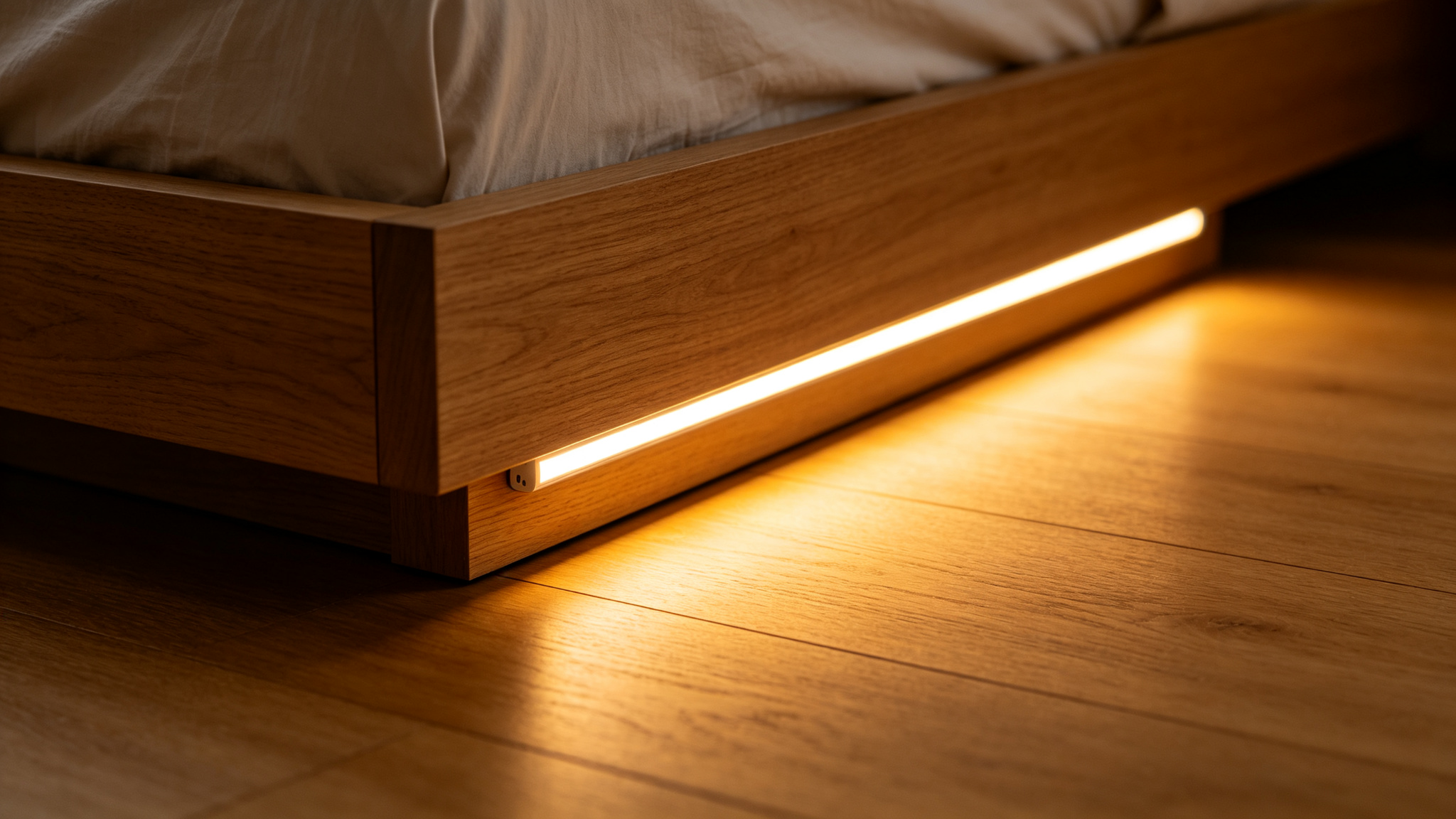Close-up of LED strip along the bottom edge of a wooden bed frame