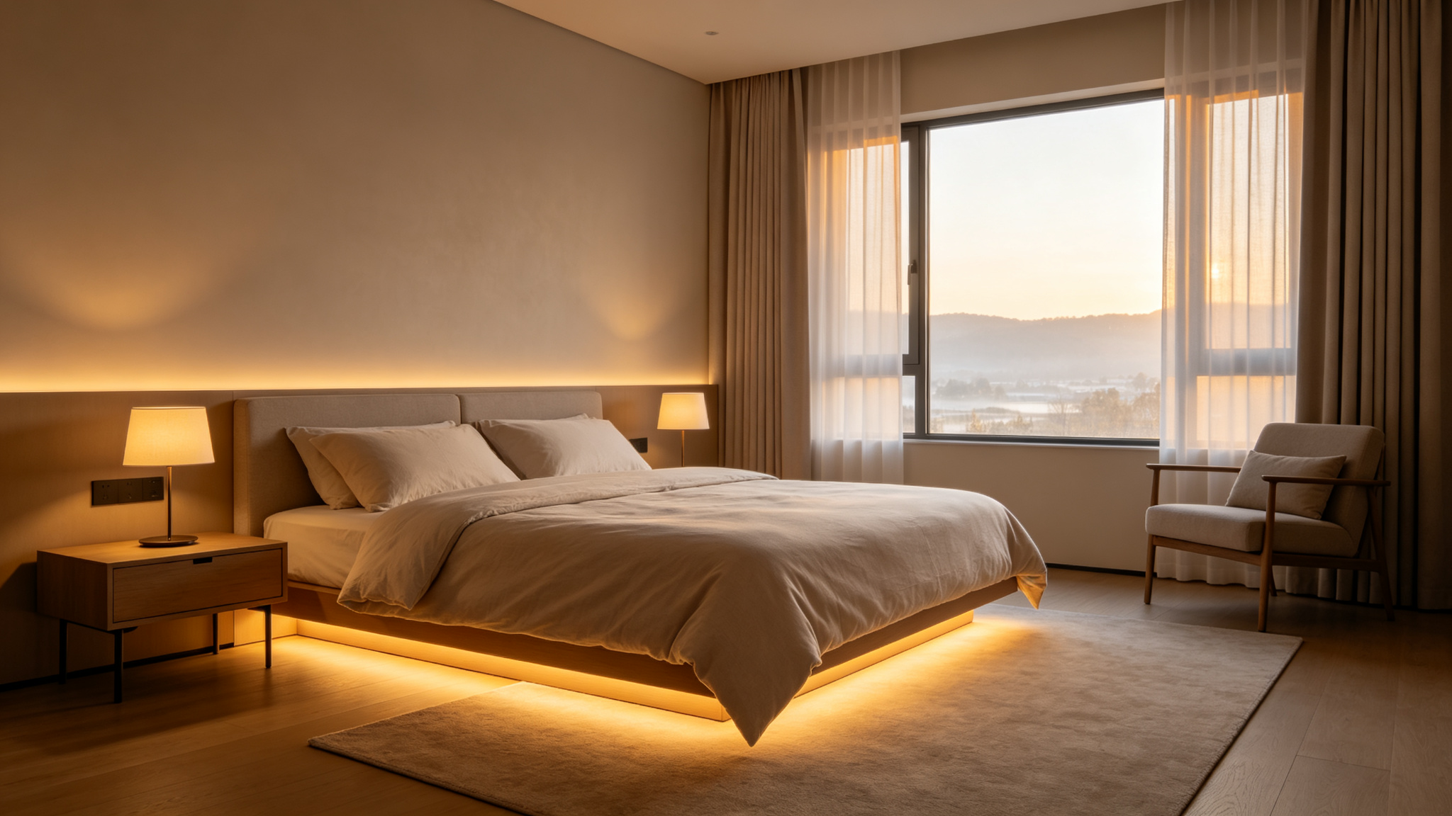 Serene bedroom with warm under-bed glow in early morning