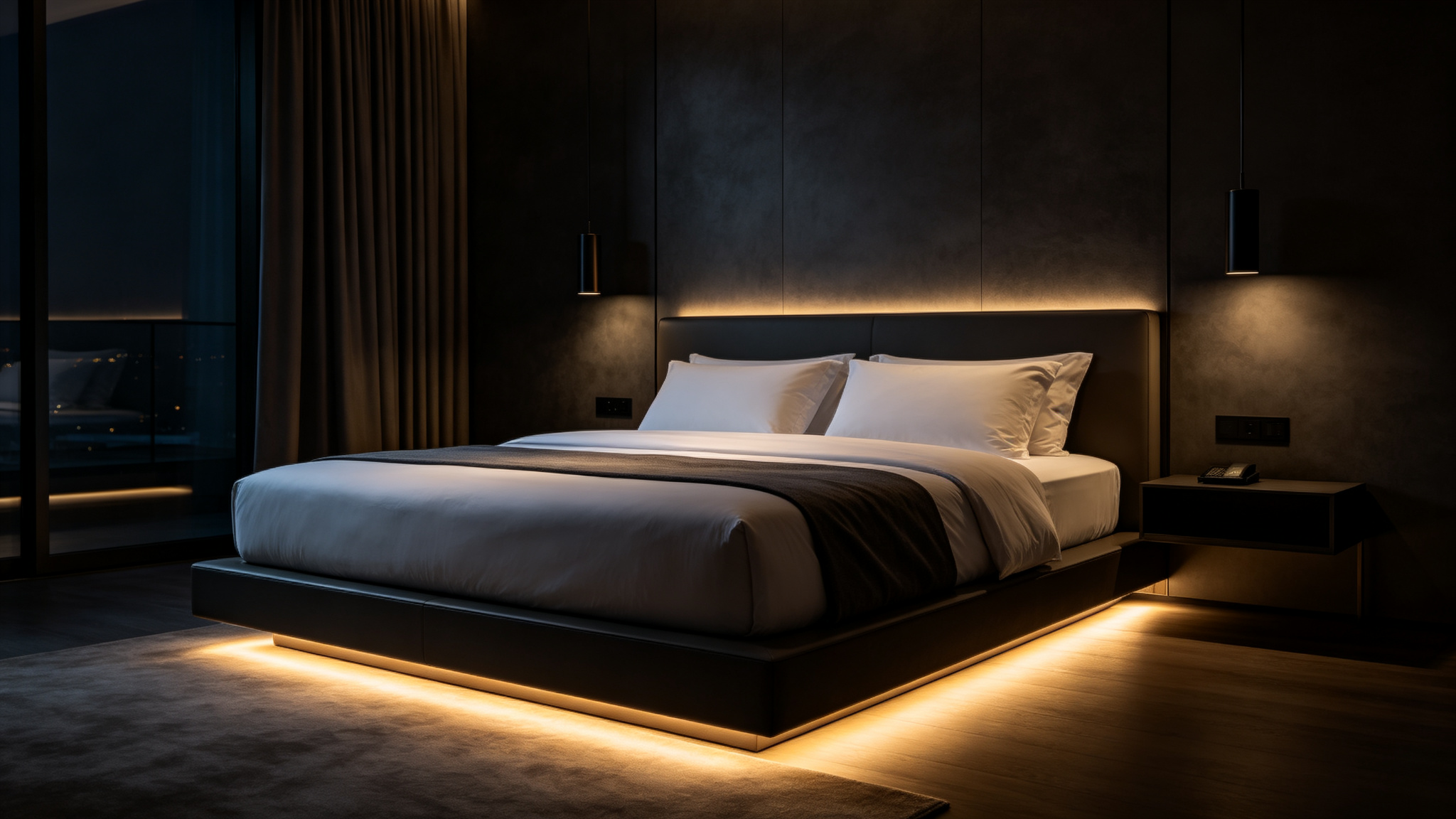 Luxury hotel bed with continuous warm LED glow under the base