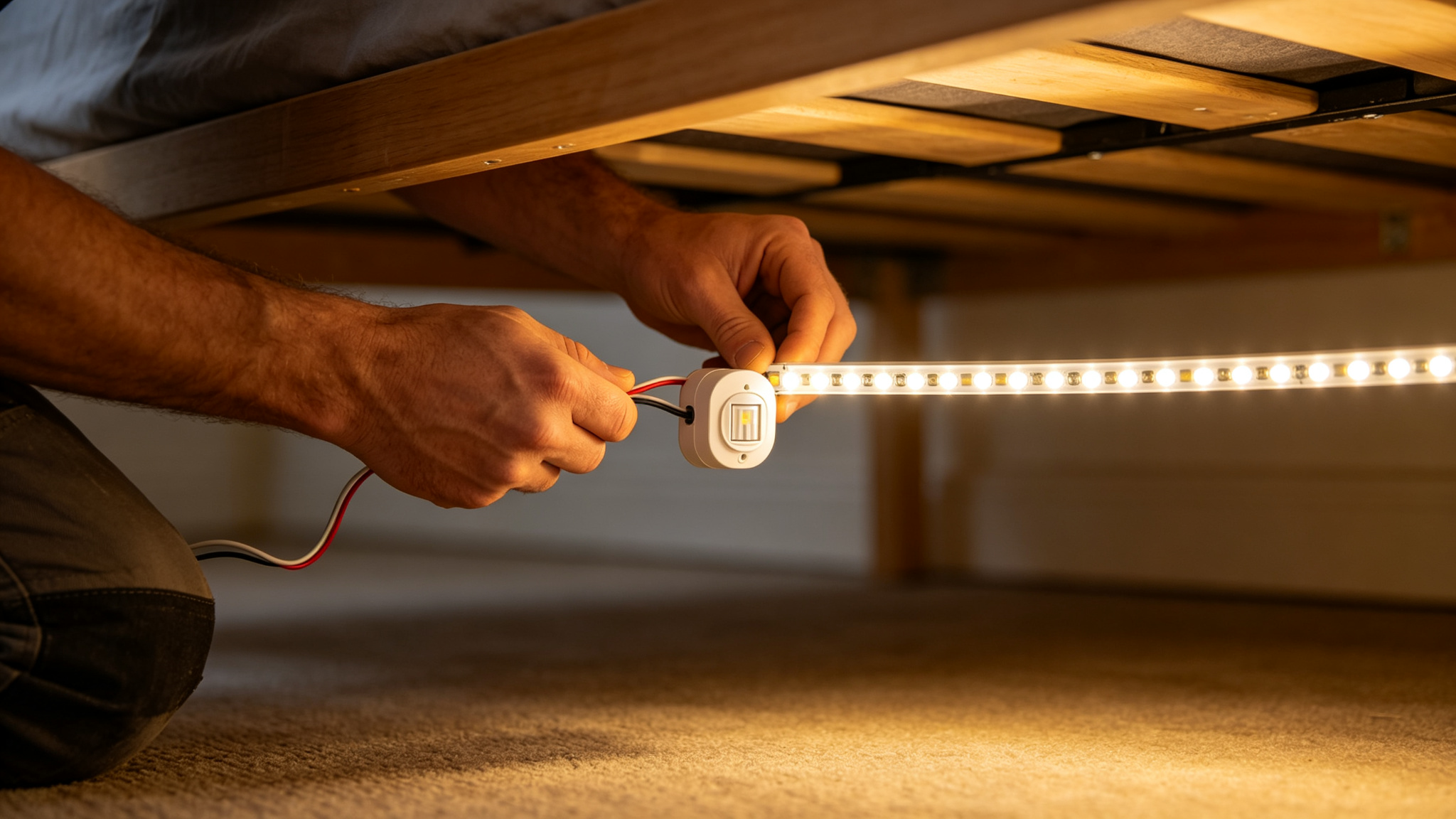 Installing a PIR sensor and LED strip under a bed frame