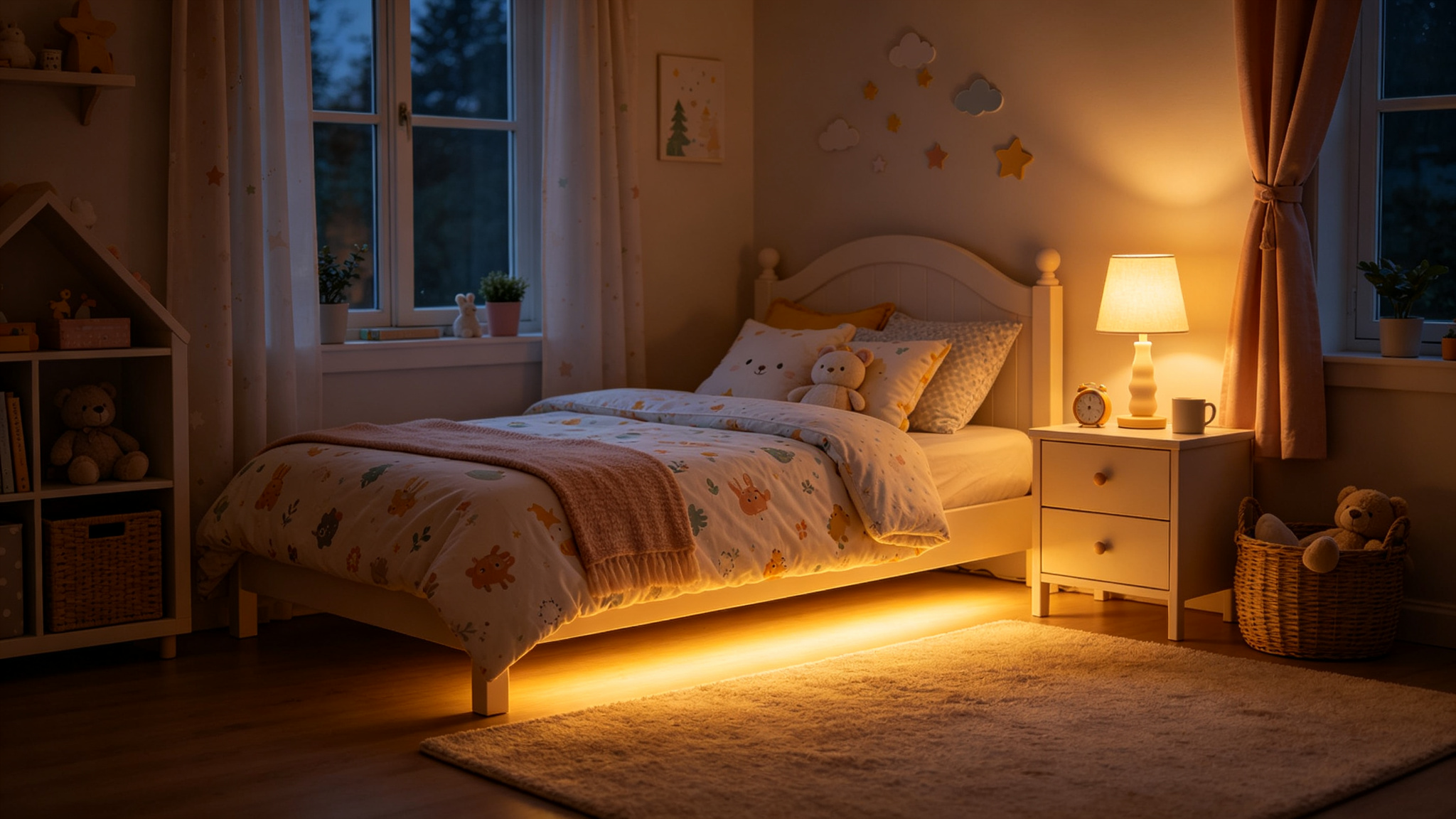 Children bedroom with soft warm under-bed glow as a night light