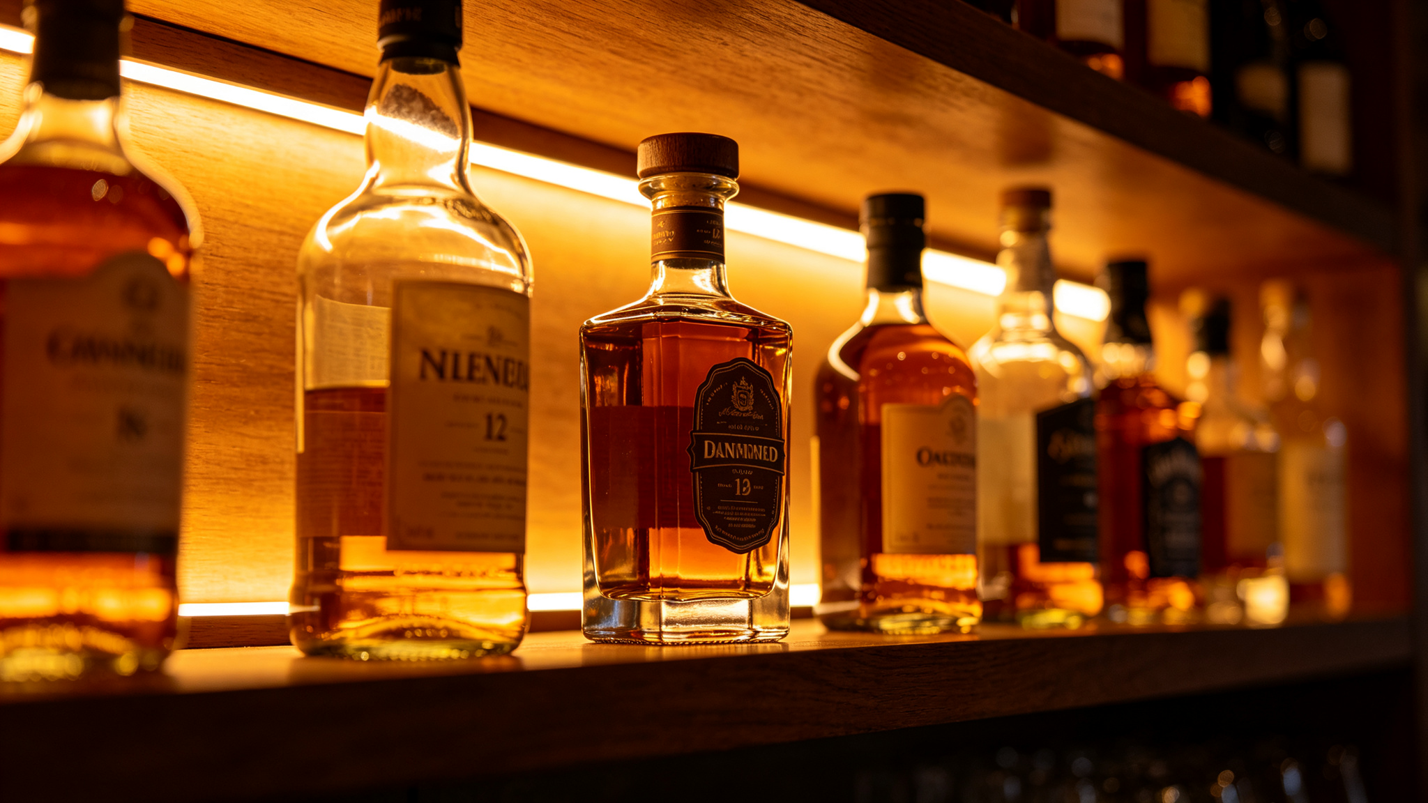 Close-up of backlit glass liquor bottles on a wooden shelf