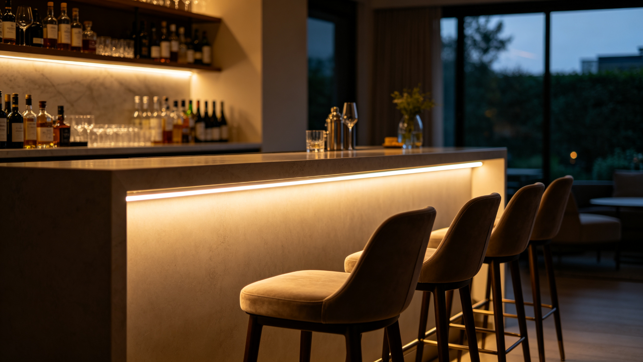 Bar counter edge with continuous LED strip under the countertop