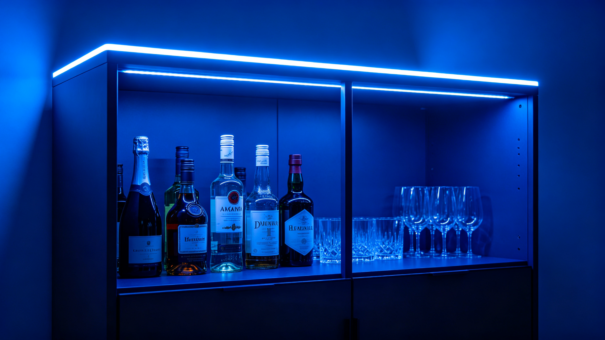 Blue neon flex strip outlining a home bar cabinet top edge