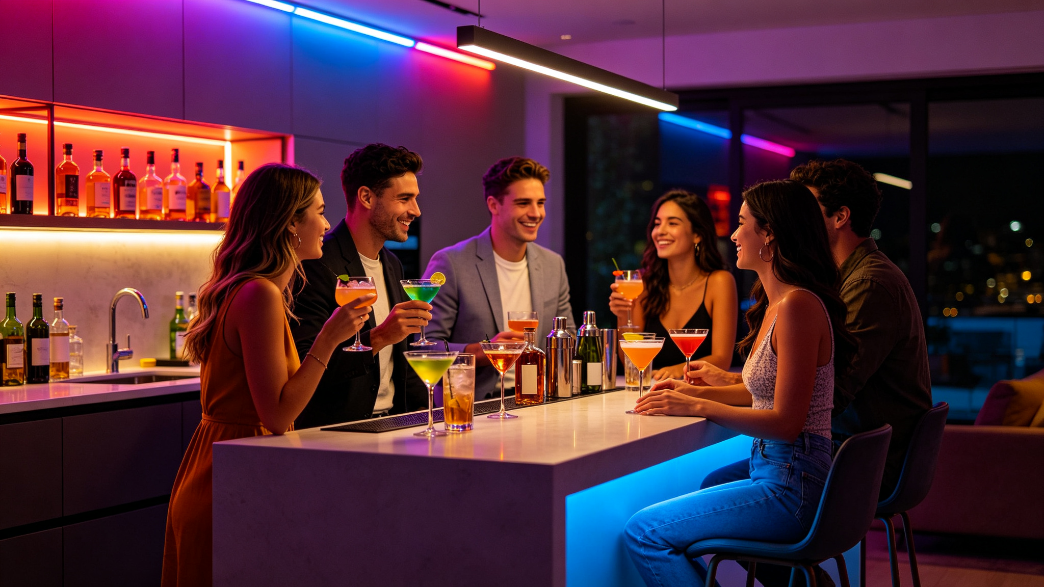 Friends around a home bar with colorful RGB LED ambient lighting
