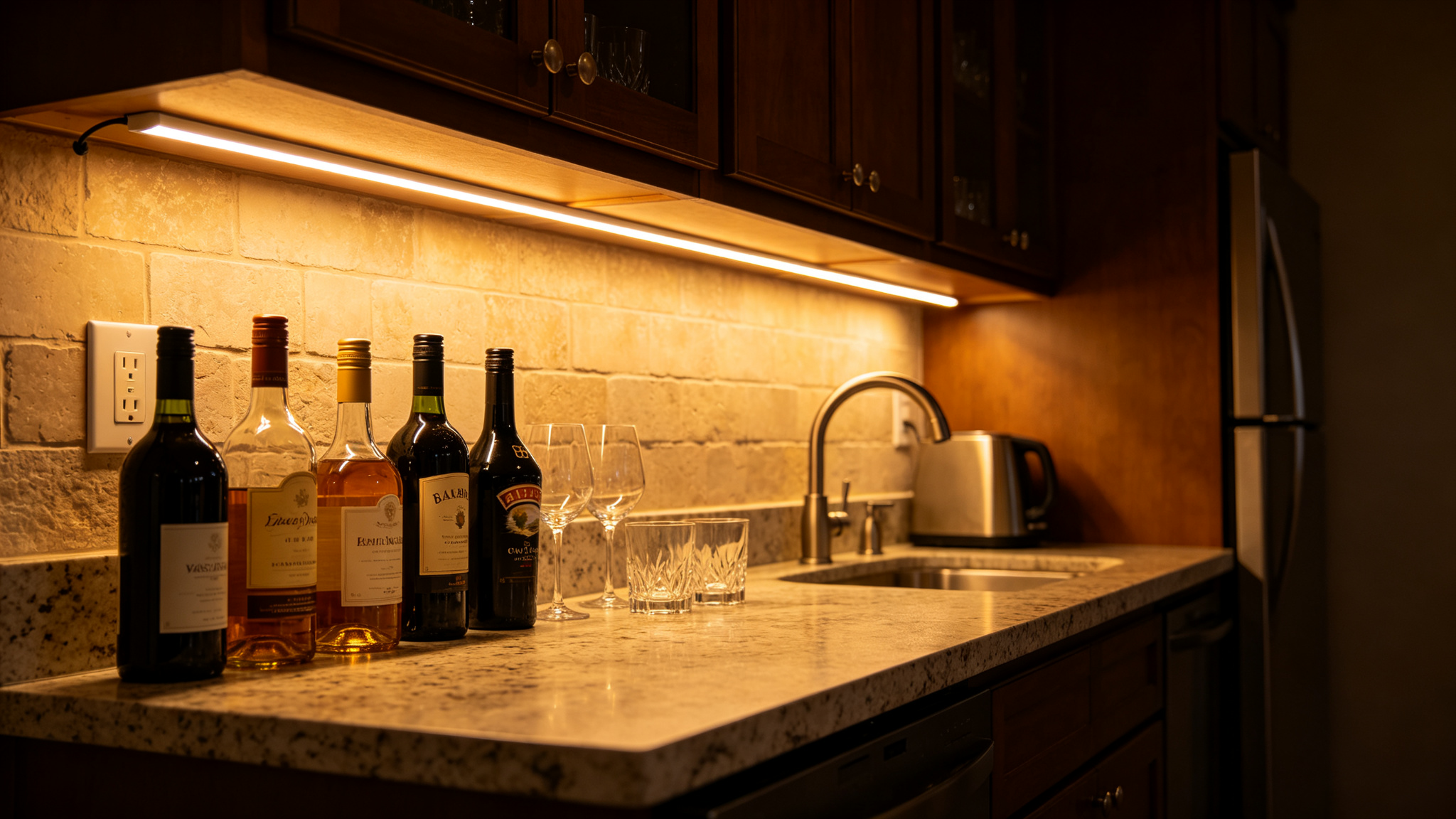 Under-cabinet warm LED strip in a basement kitchenette bar