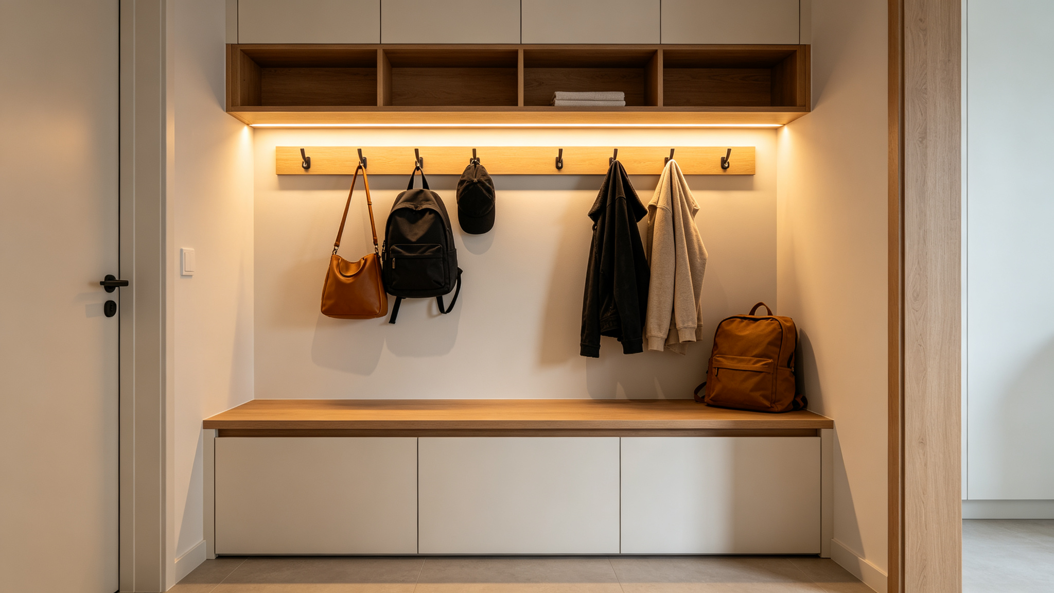 Mudroom bench with closed storage and warm LED under the shelf