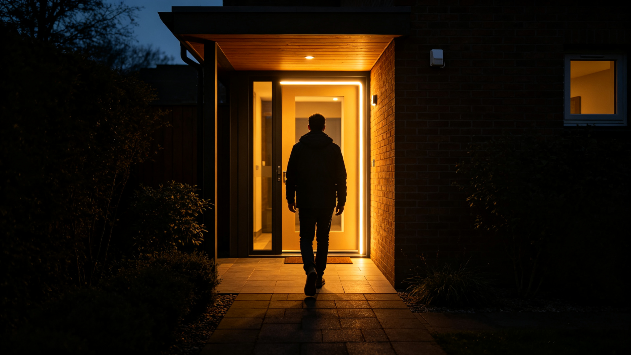 Motion-activated LED strip glowing in a dark entry hallway
