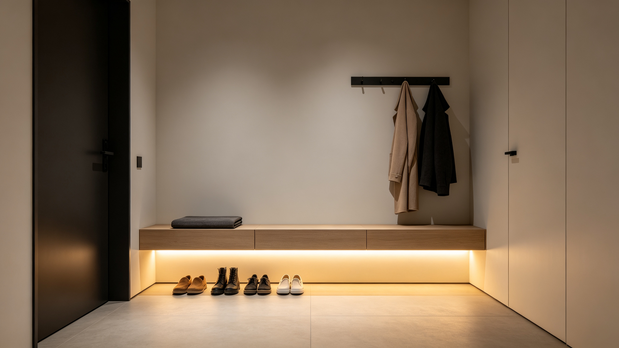Contemporary entryway with floating shoe shelf and hidden LED glow
