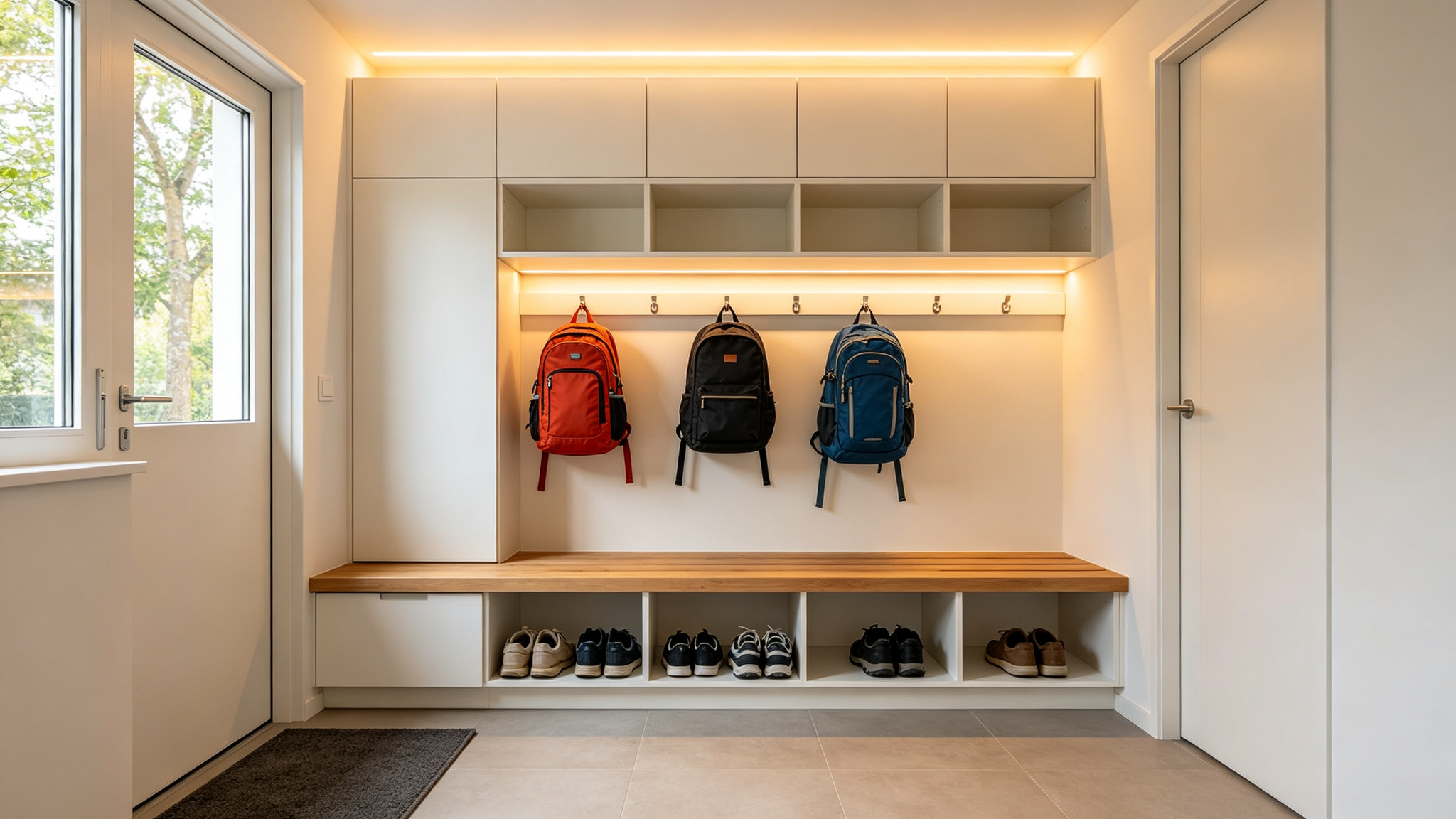 Bright clean mudroom with built-in bench and overhead LED lighting