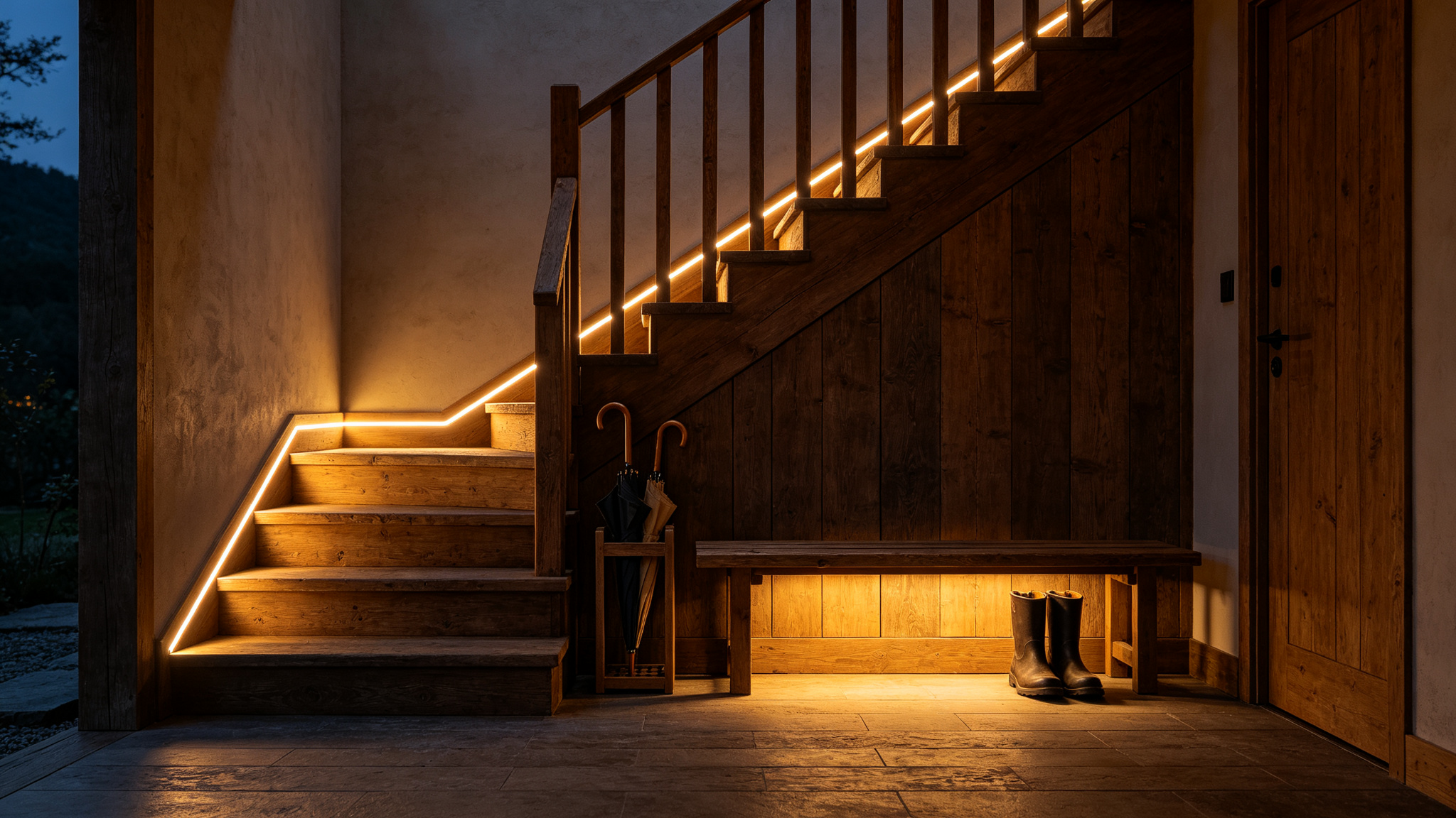 Rustic entryway at night with LED strip along stair riser and under bench