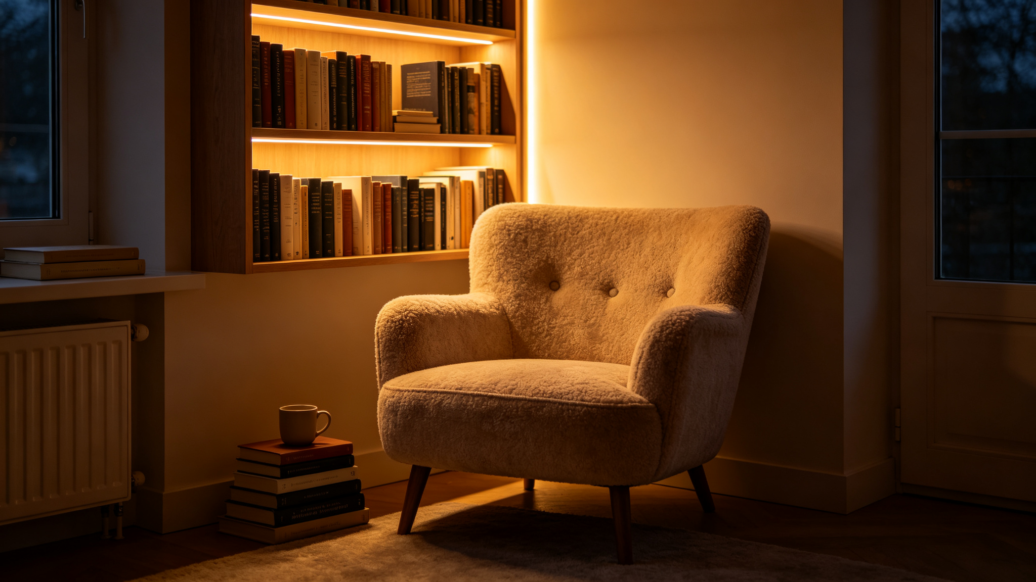 Cozy reading nook armchair with warm LED strips behind the bookshelf