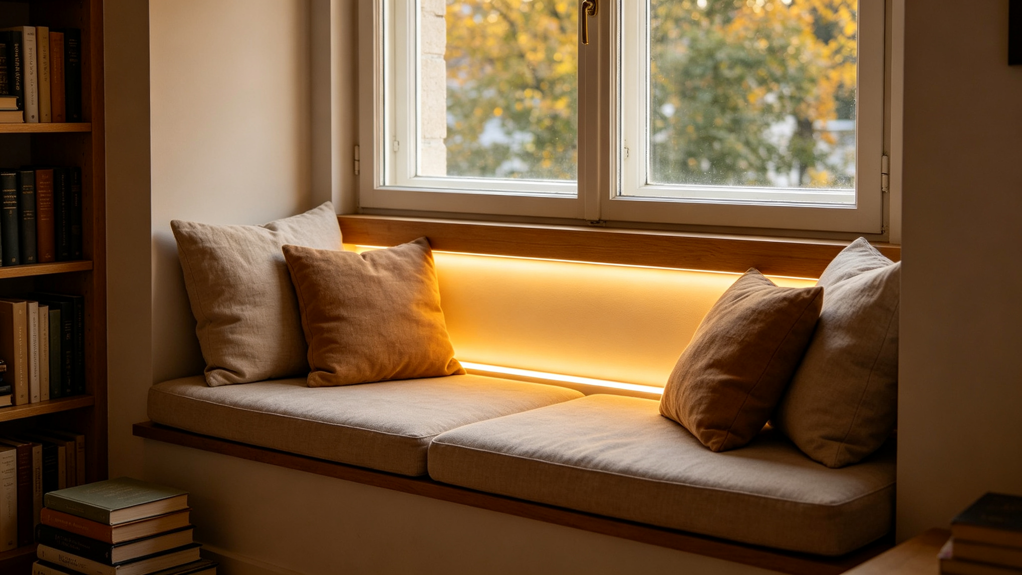 Window seat reading nook with cushions and a warm LED strip under the back