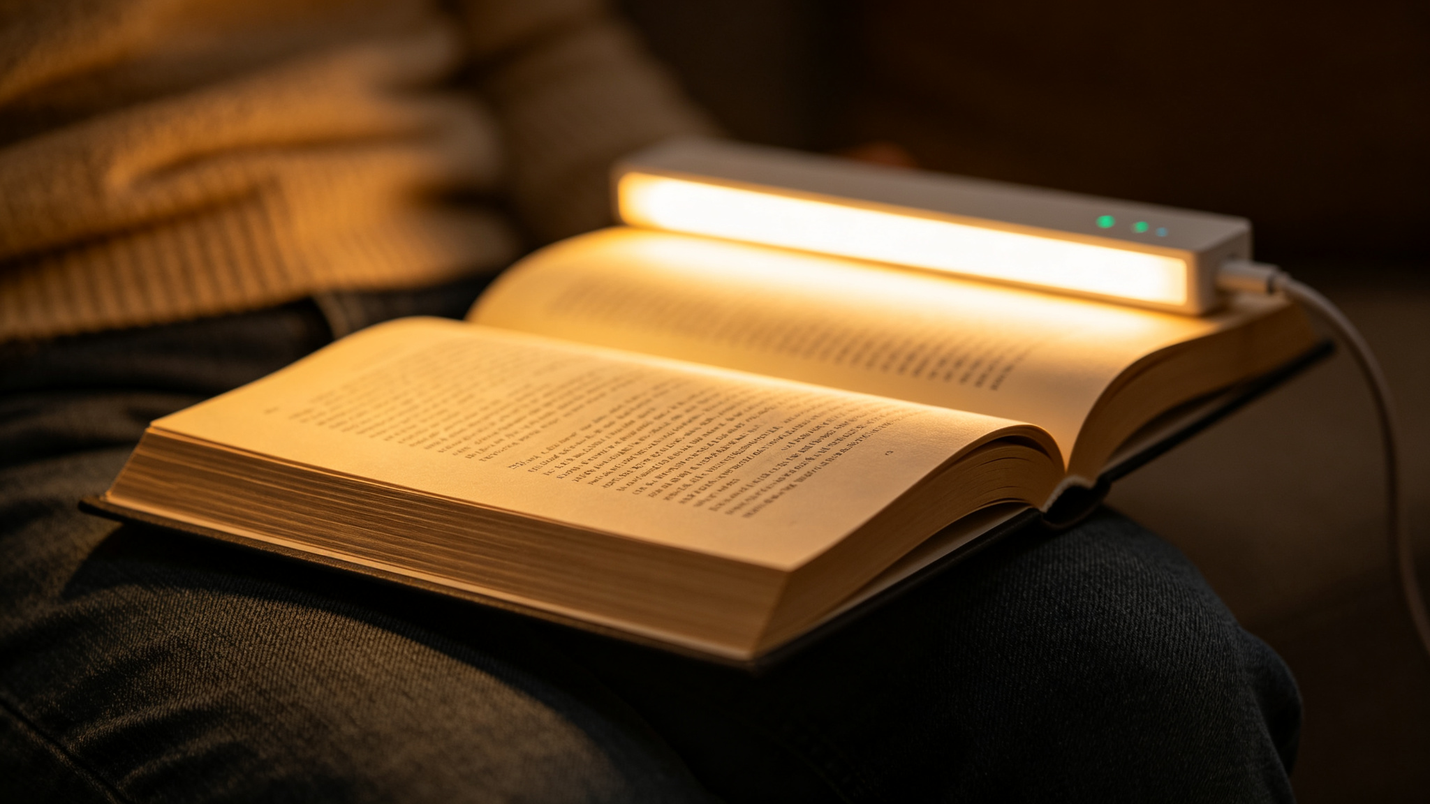 Open book under a soft warm tunable LED light strip