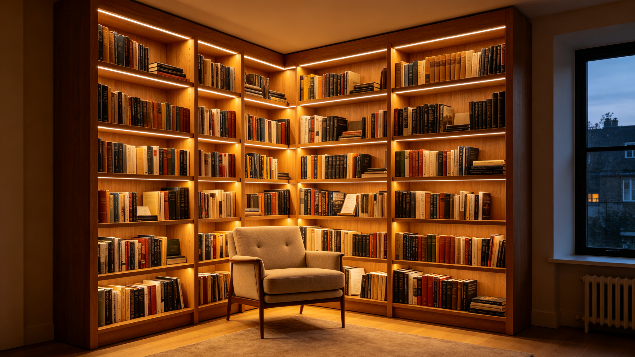 Floor-to-ceiling bookshelf corner converted into a reading nook