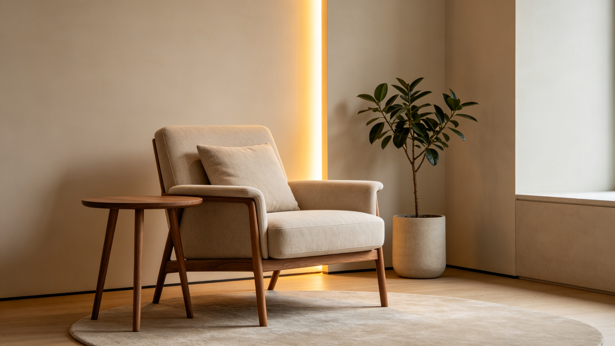 Comfortable armchair with side table and warm LED glow behind