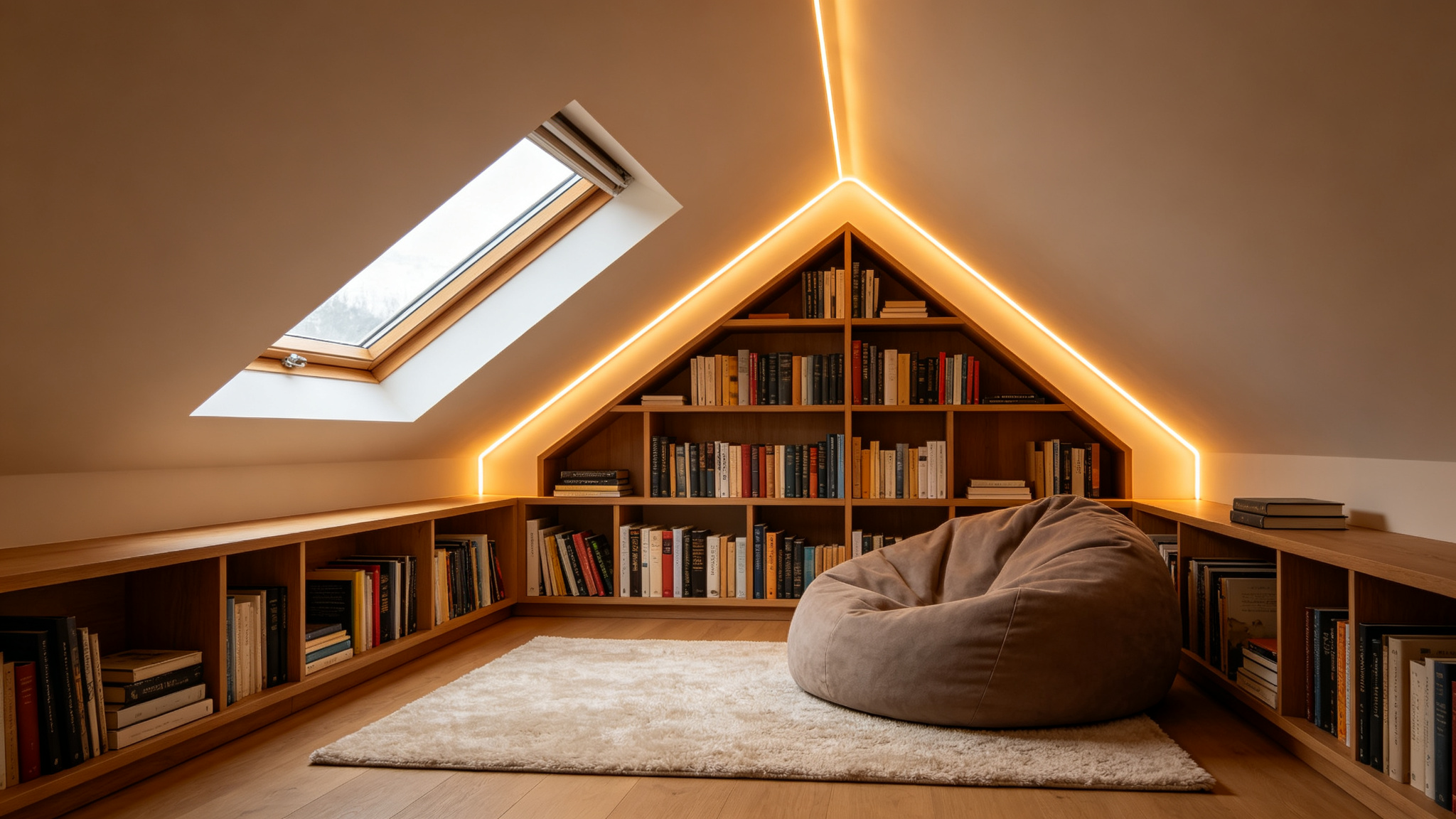 Attic reading corner with skylight and warm LED along the eave