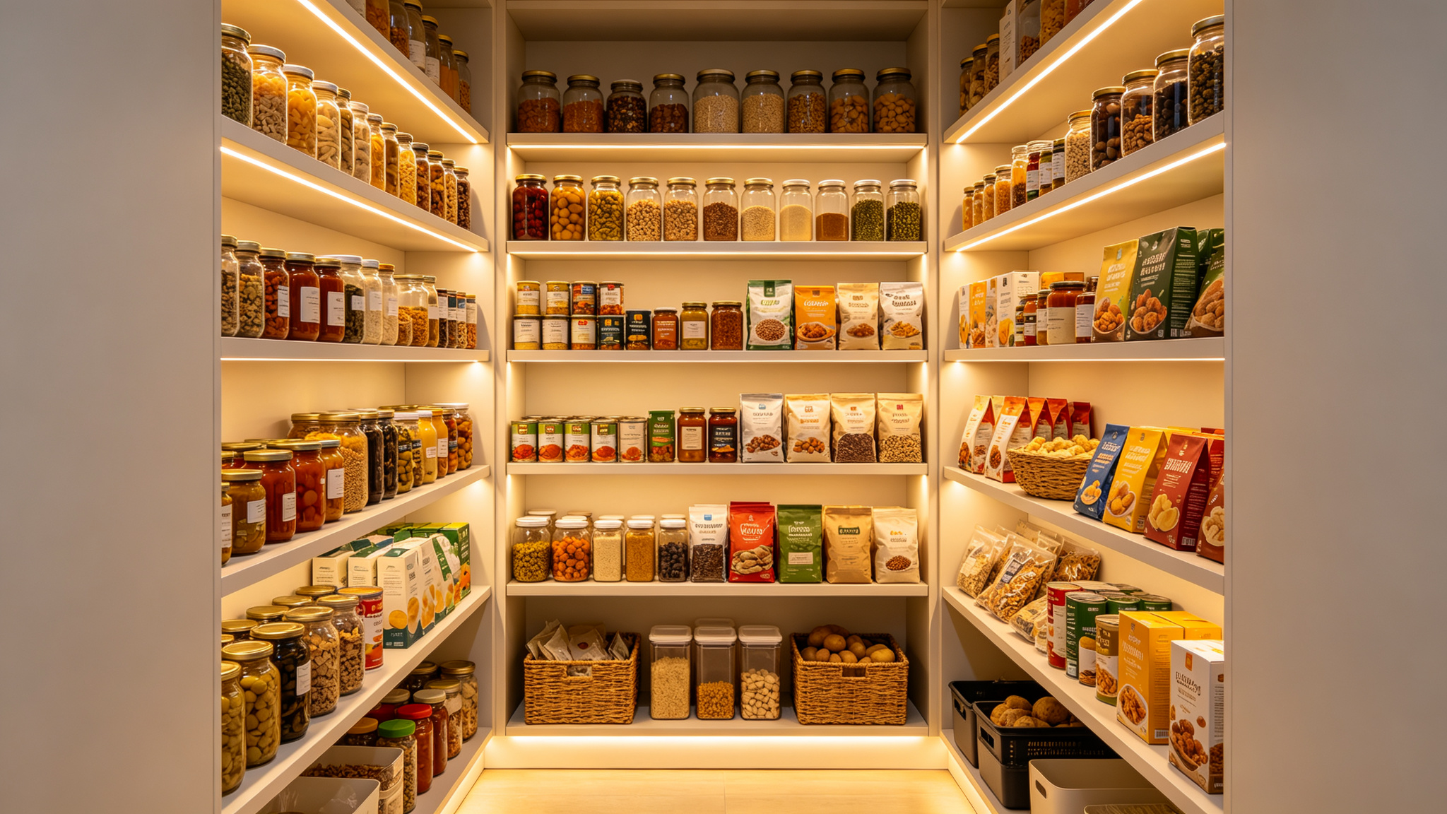 Organized walk-in pantry with warm LED strips under every shelf