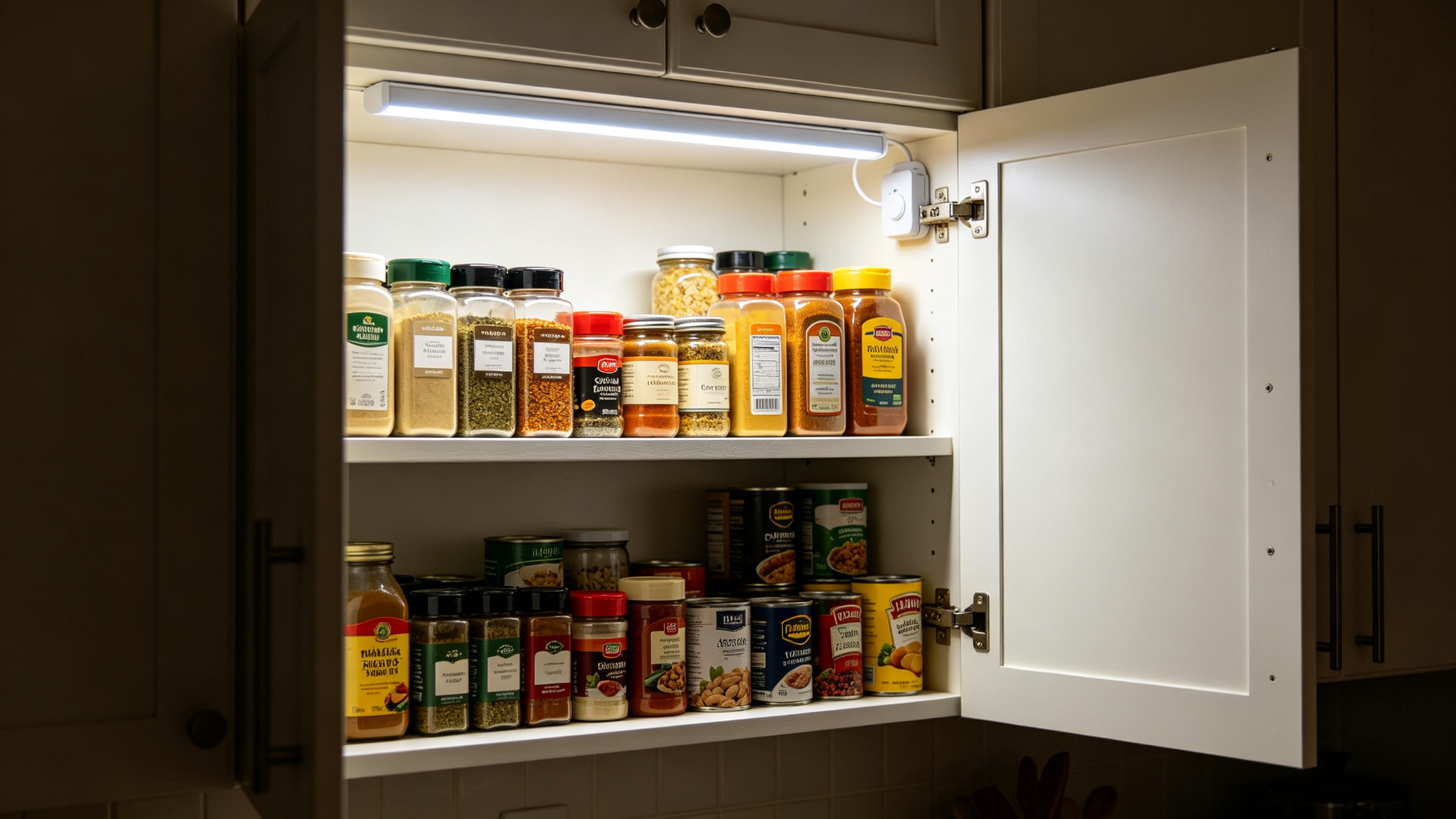Motion-activated LED strip inside a pantry cupboard lighting spices