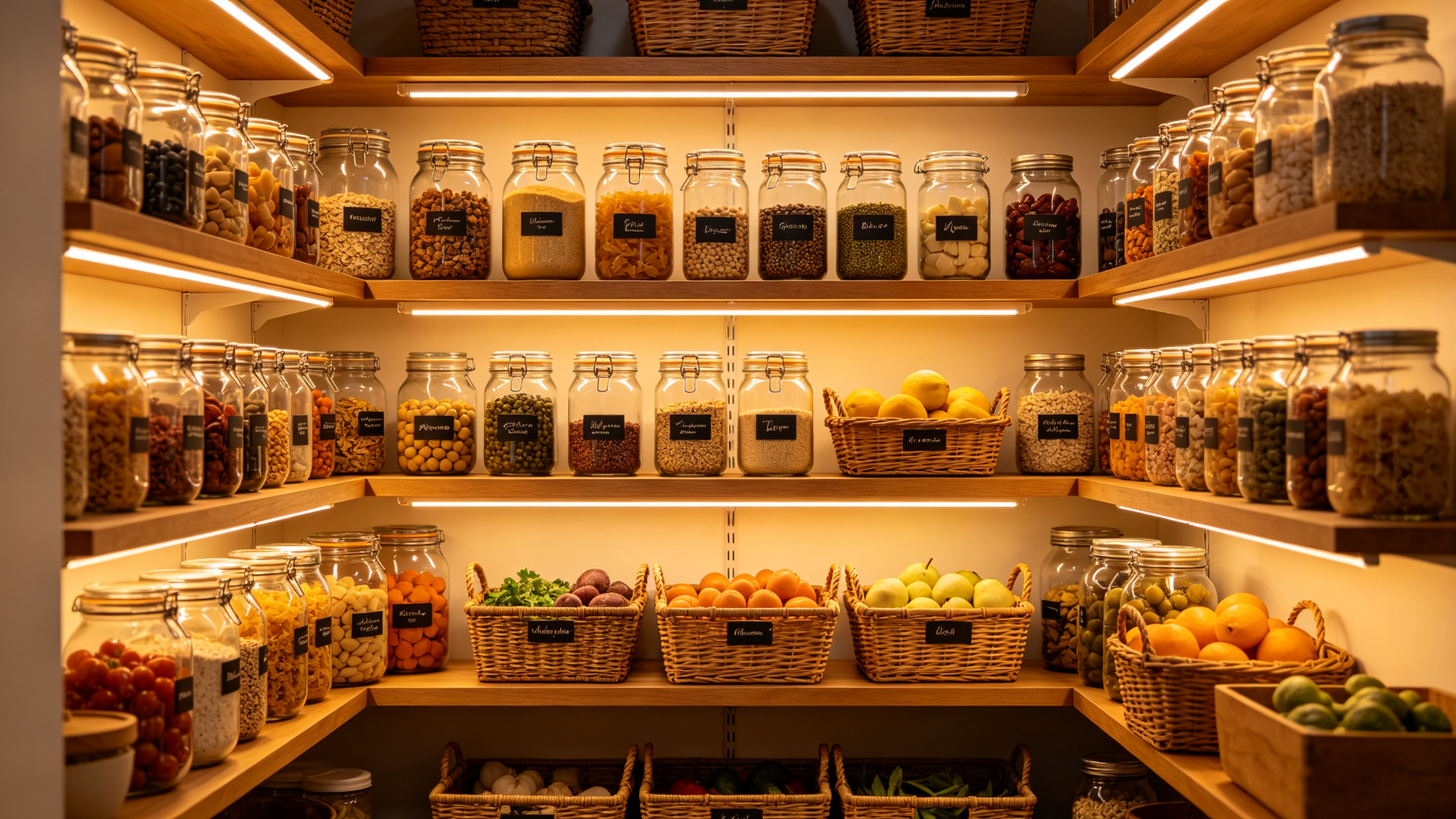 Well-organized food storage shelves with labeled jars and LED strips