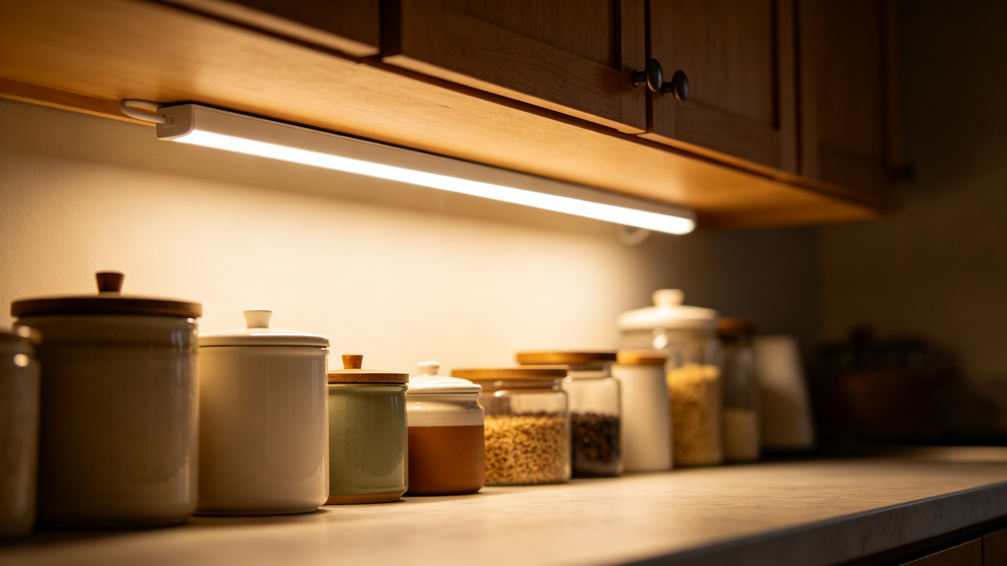 Close-up of slim LED strip under a kitchen cabinet shelf over canisters