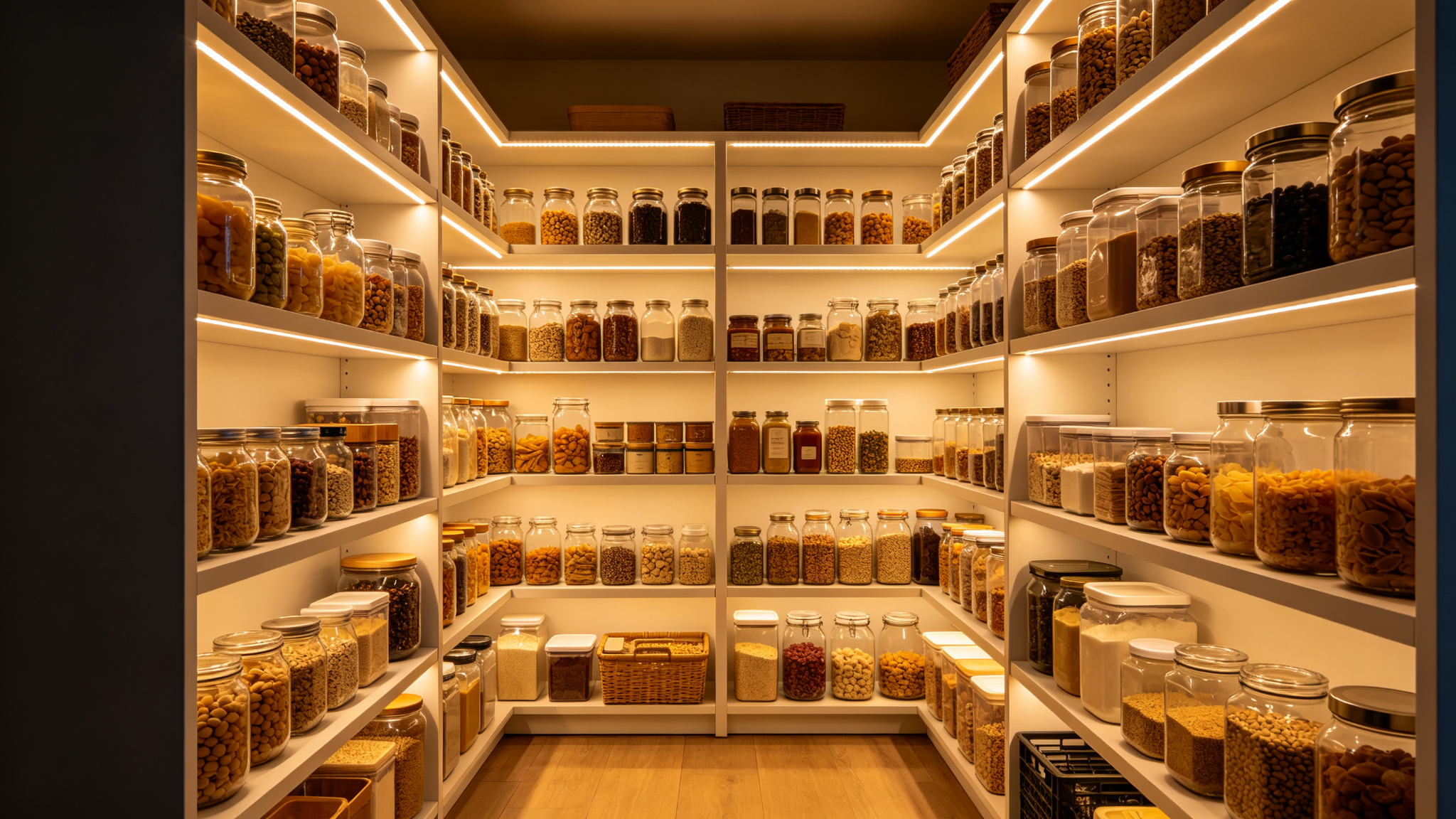 Bright walk-in pantry fully lit by LED strips on each shelf