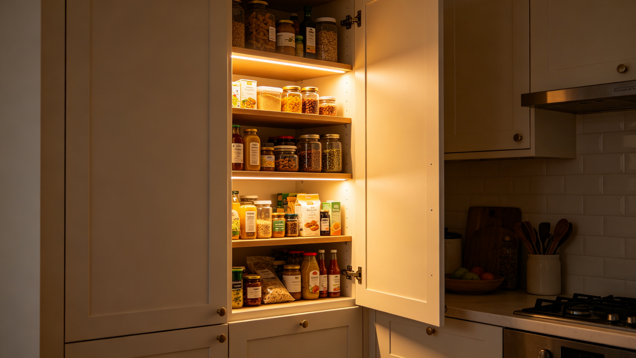 Opening a pantry door to reveal LED strips lighting the shelves
