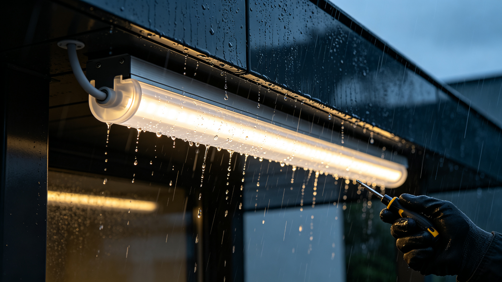 IP67 solid silicone extrusion waterproof LED strip installed under a building eave in heavy rain with a professional electrician