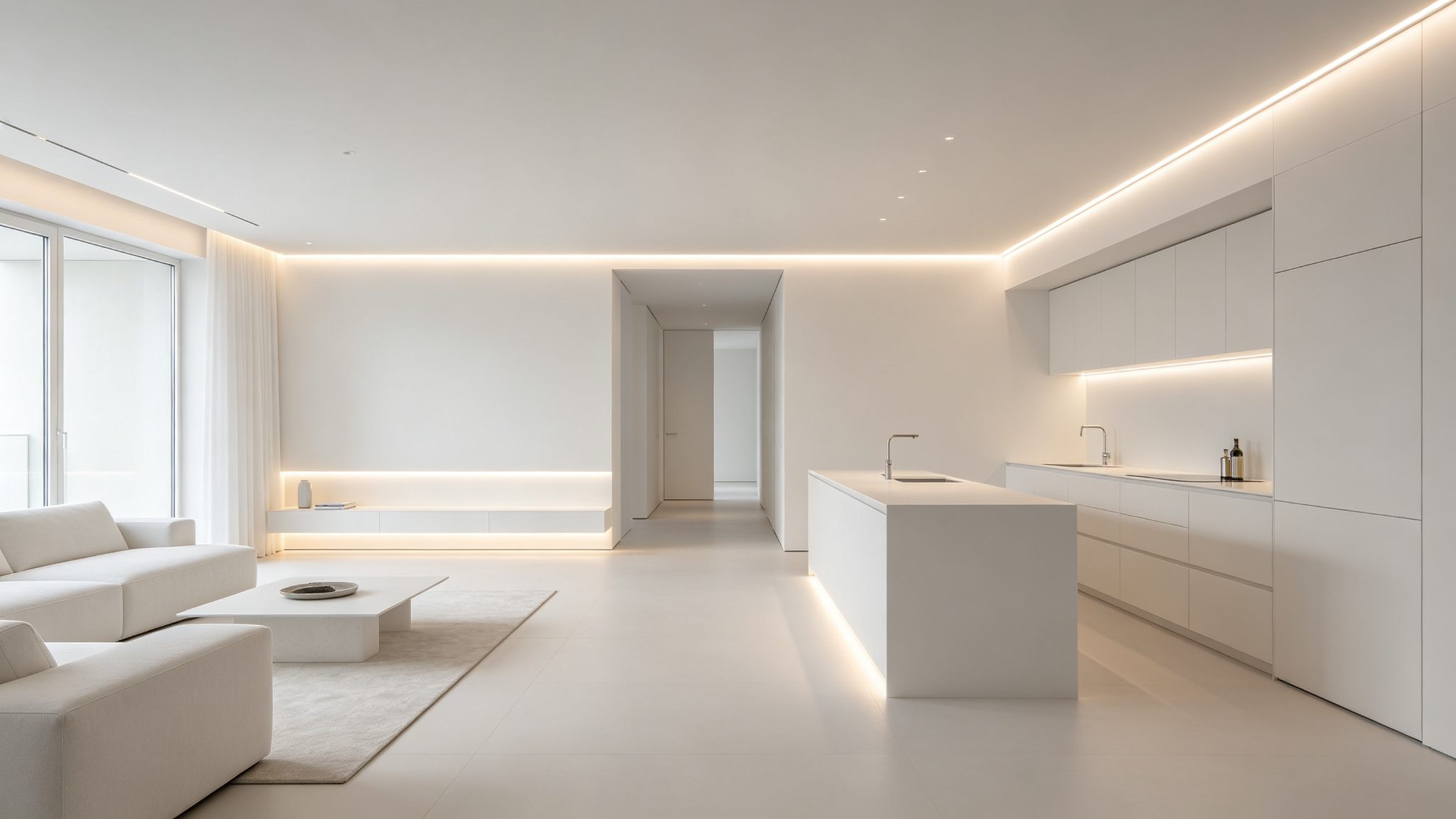 Open-plan modern home with matching LED cove light across connected rooms