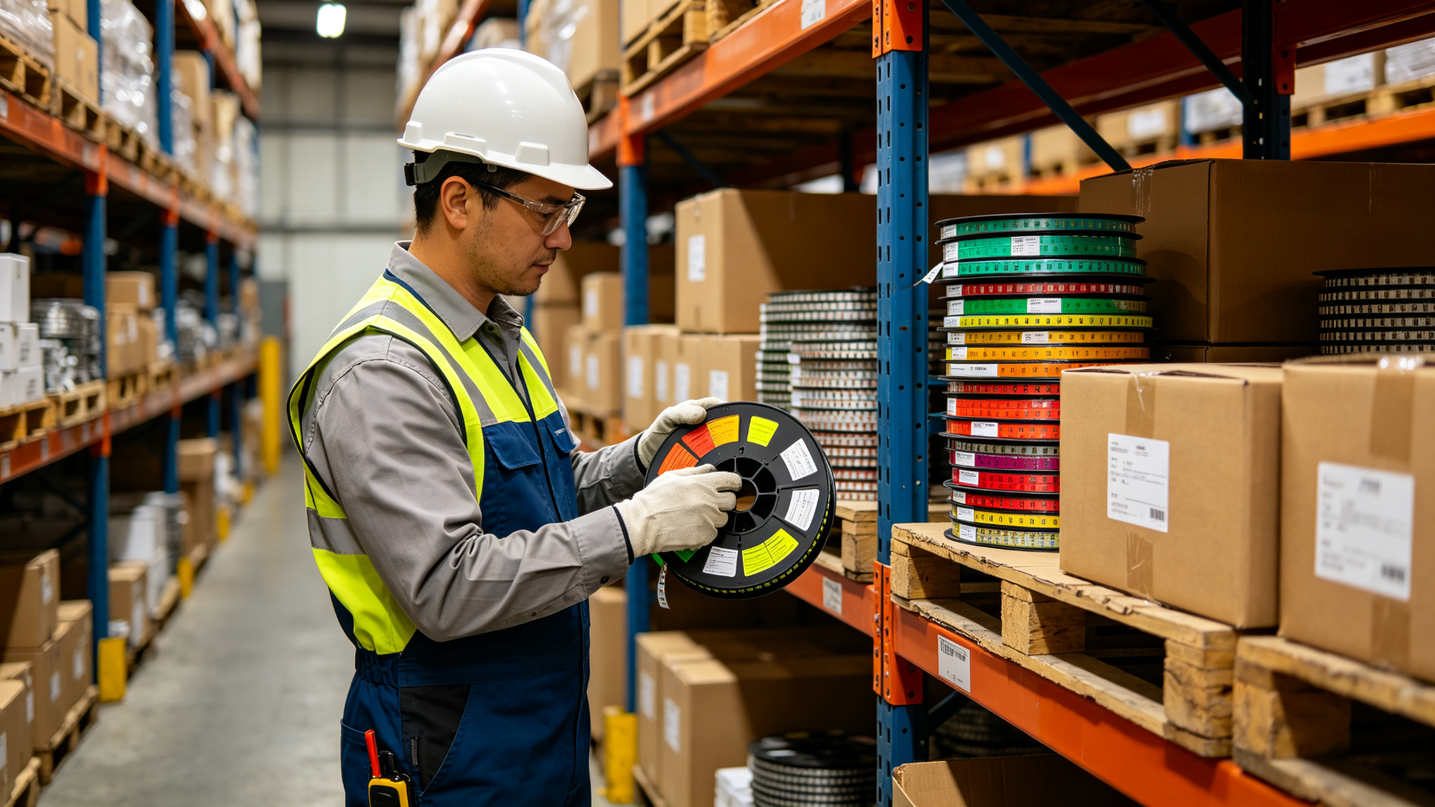 Warehouse worker checking colour labels on LED strip reels on shelving