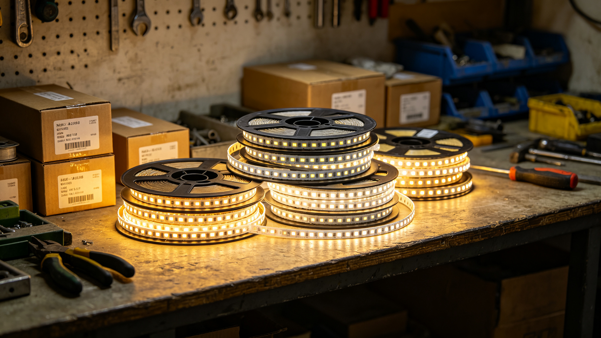 Several reels of lit LED strip stacked on a bench, all matching the same colour temperature