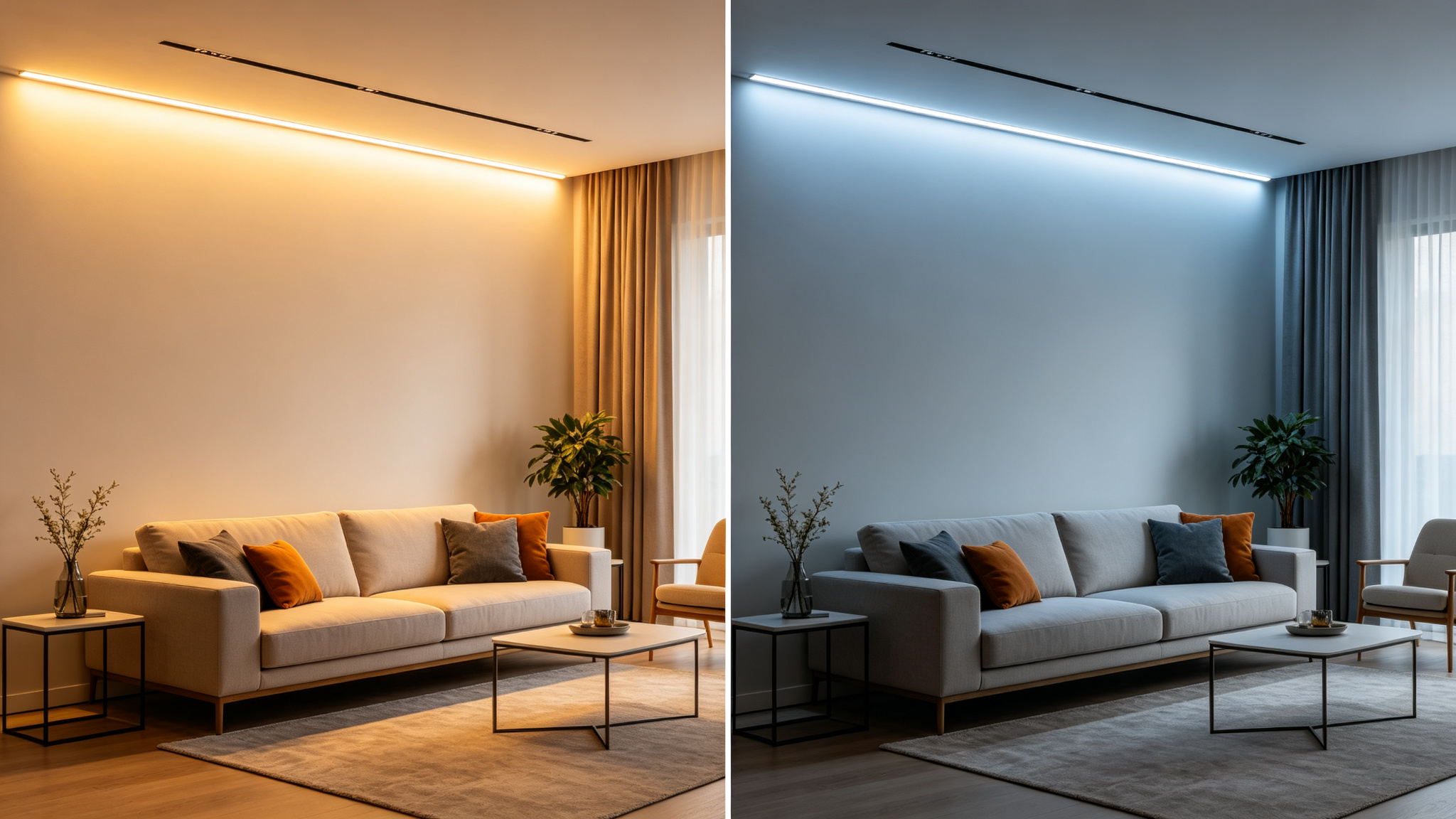 Two adjacent living-room walls lit by matching LED strip from different reels, seamless