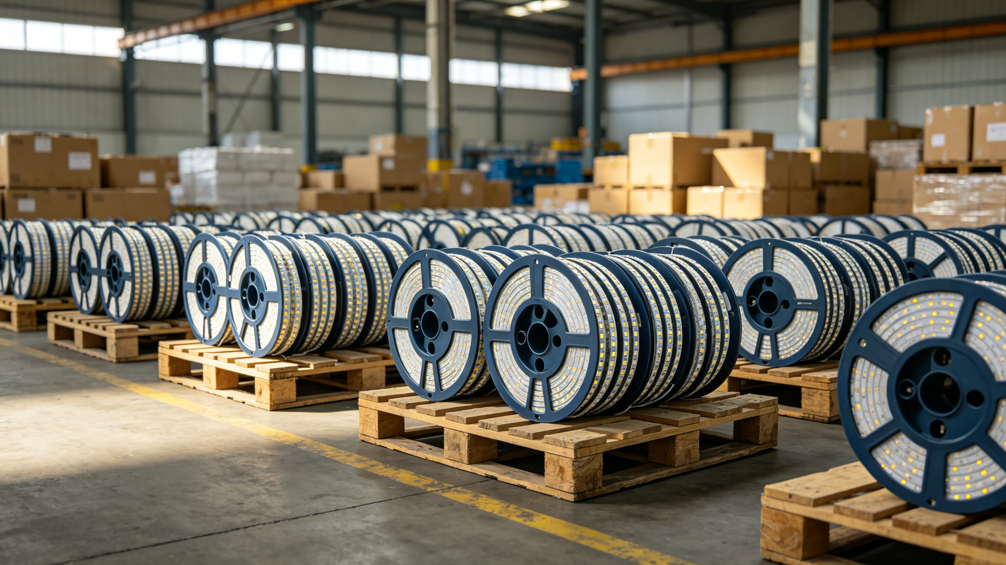 Pallets of LED strip reels in a tidy export warehouse ready to ship